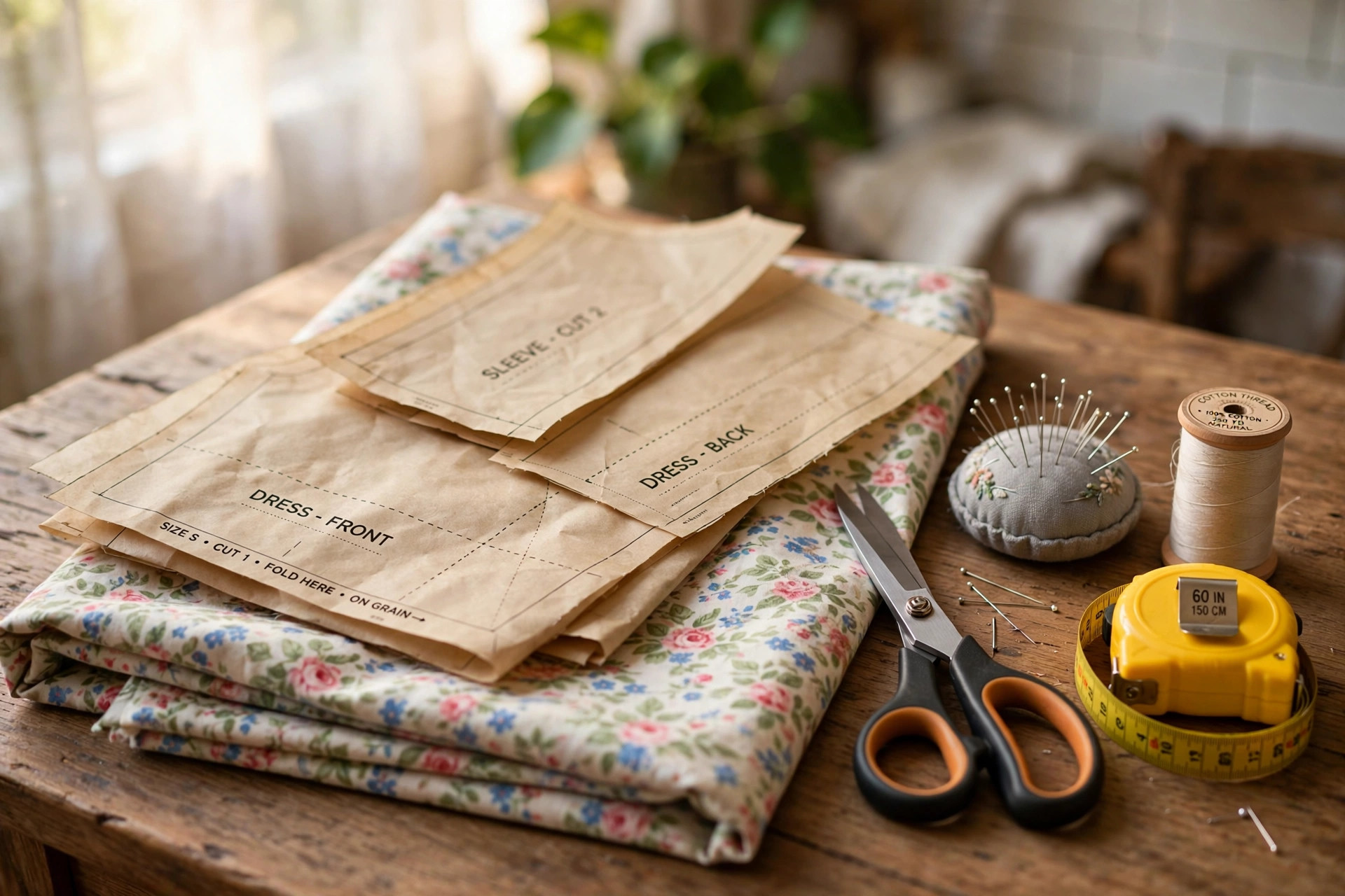 best sewing patterns for beginners dresses usa: Simple dress sewing pattern pieces on cotton fabric with scissors, pins, and a tape measure