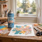 best craft spray adhesive for paper projects: Spray adhesive can on a craft table beside paper sheets