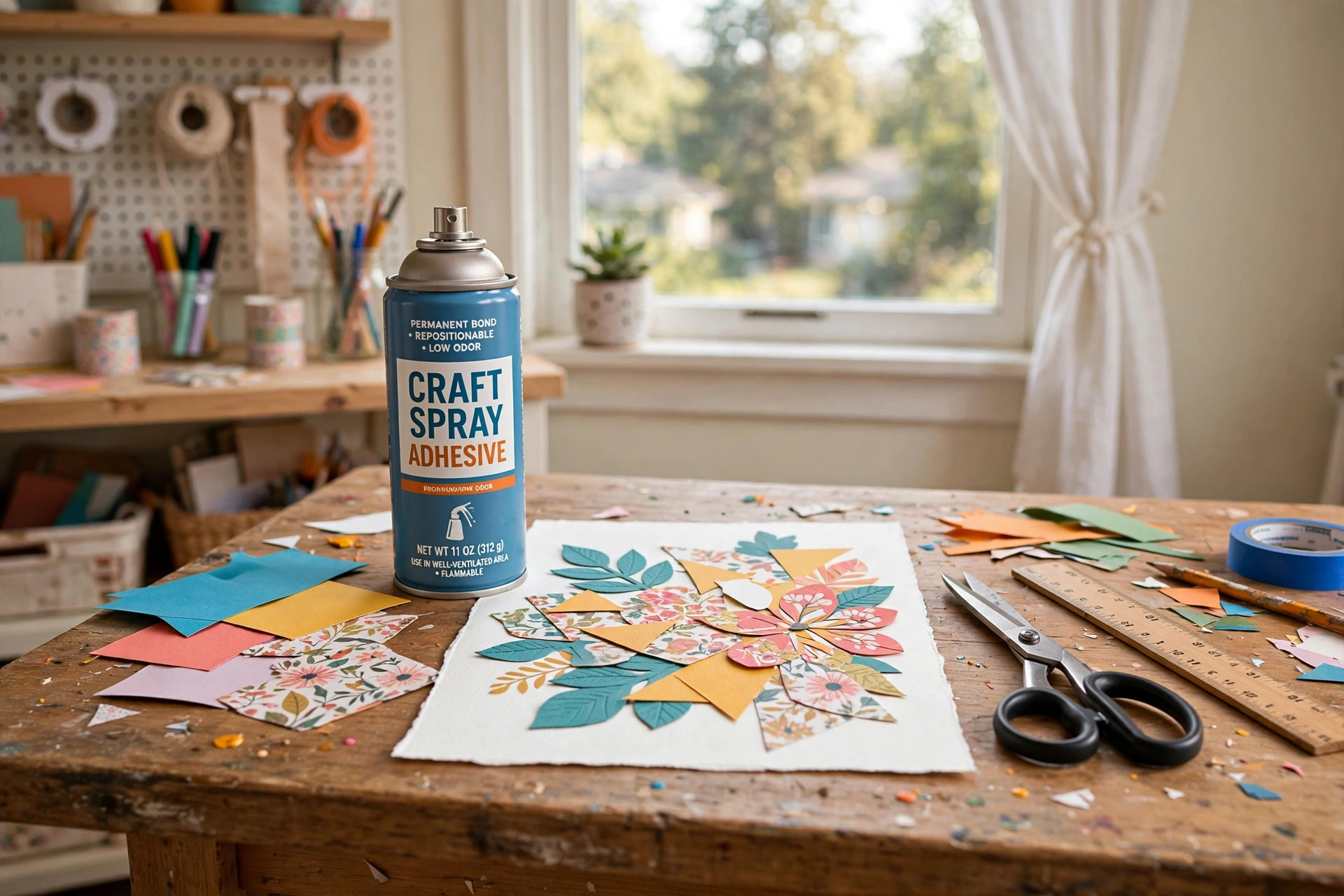 best craft spray adhesive for paper projects: Spray adhesive can on a craft table beside paper sheets
