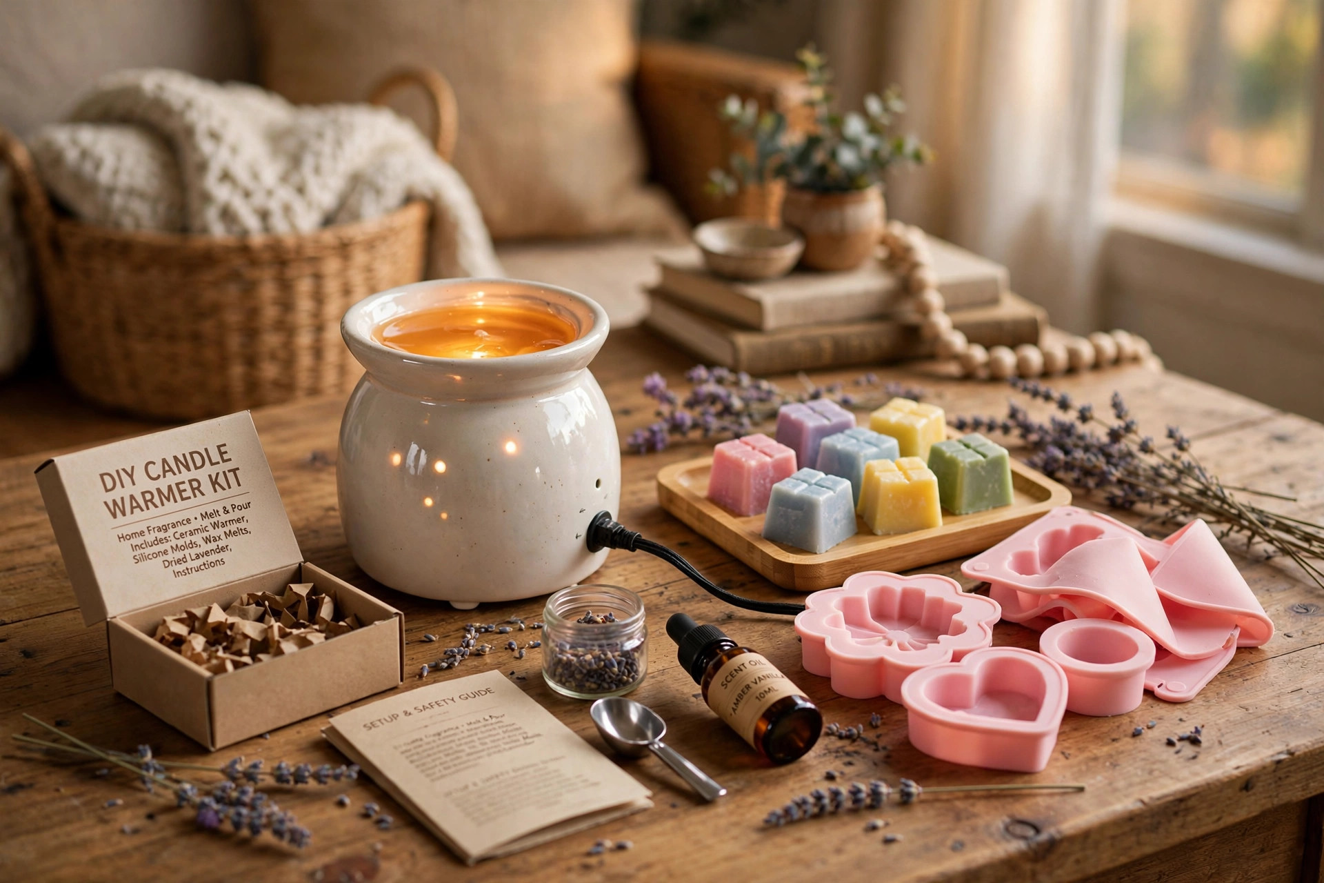 A diy candle warmer kit for home fragrance crafts set on a wooden table
