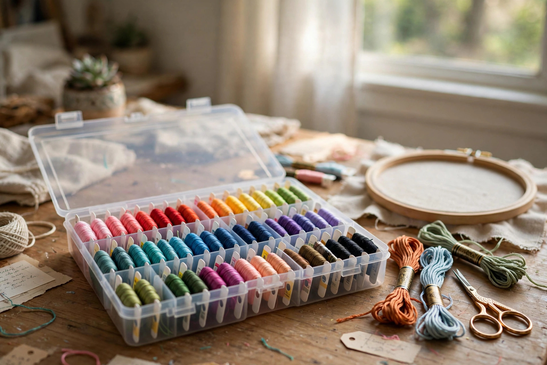 Rows of colorful embroidery floss skeins stored in a clear best embroidery floss organizer for thread storage