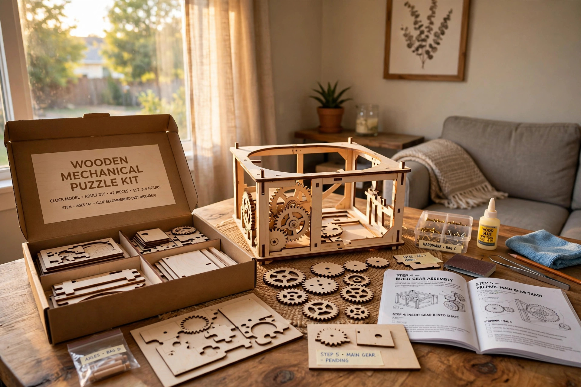 wooden puzzle kit for adults diy crafts: Wooden puzzle kit for adults being assembled on a craft table