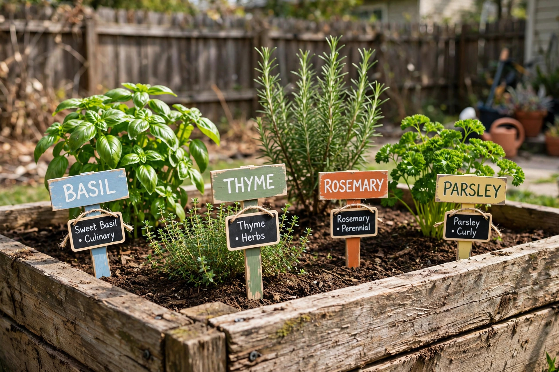 diy garden markers kit for herb garden usa: DIY garden markers kit for herb garden with wooden stakes and chalkboard labels in a raised bed