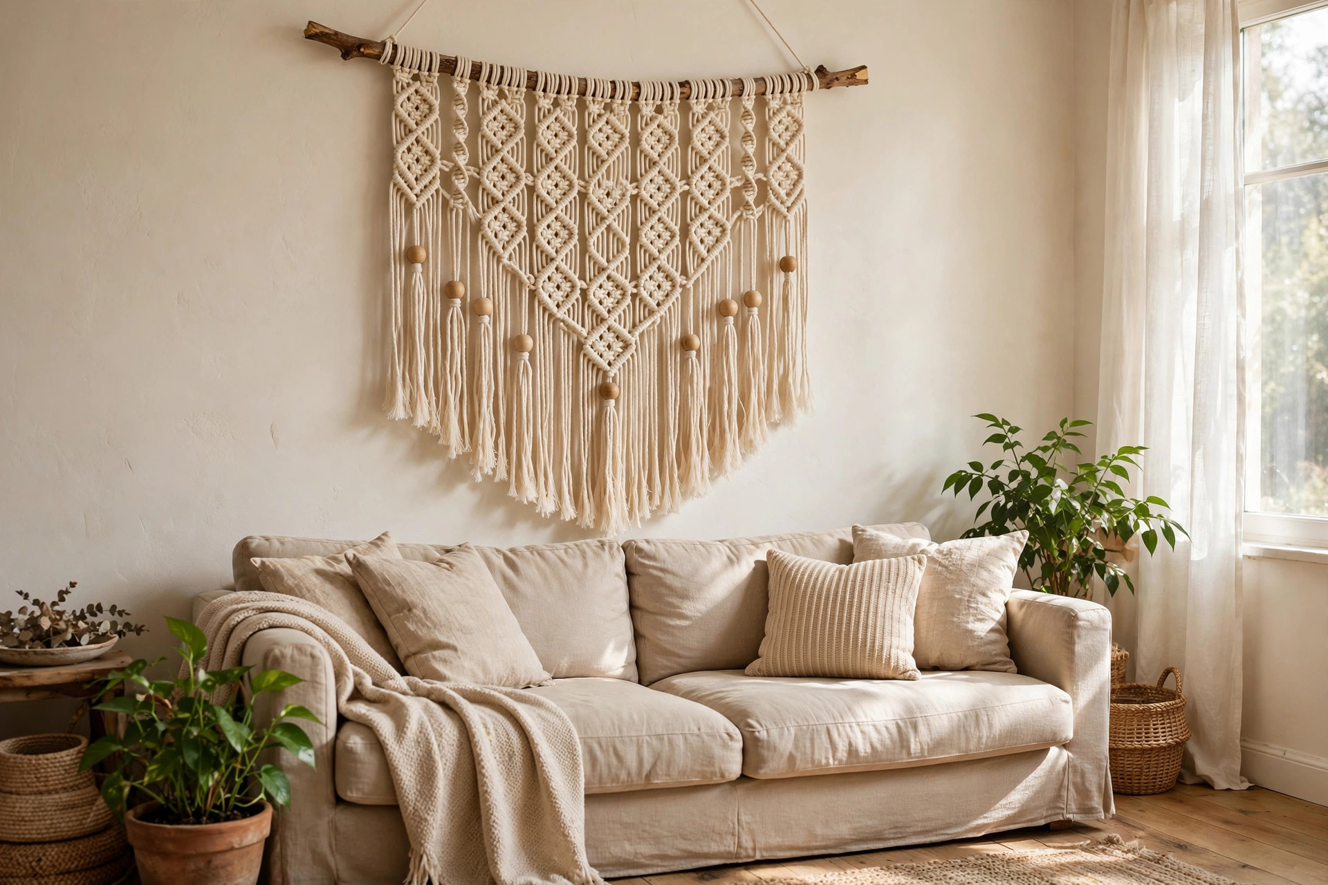 A diy wall hanging kit for boho home decor shown as a finished macrame wall hanging in a cozy American living room