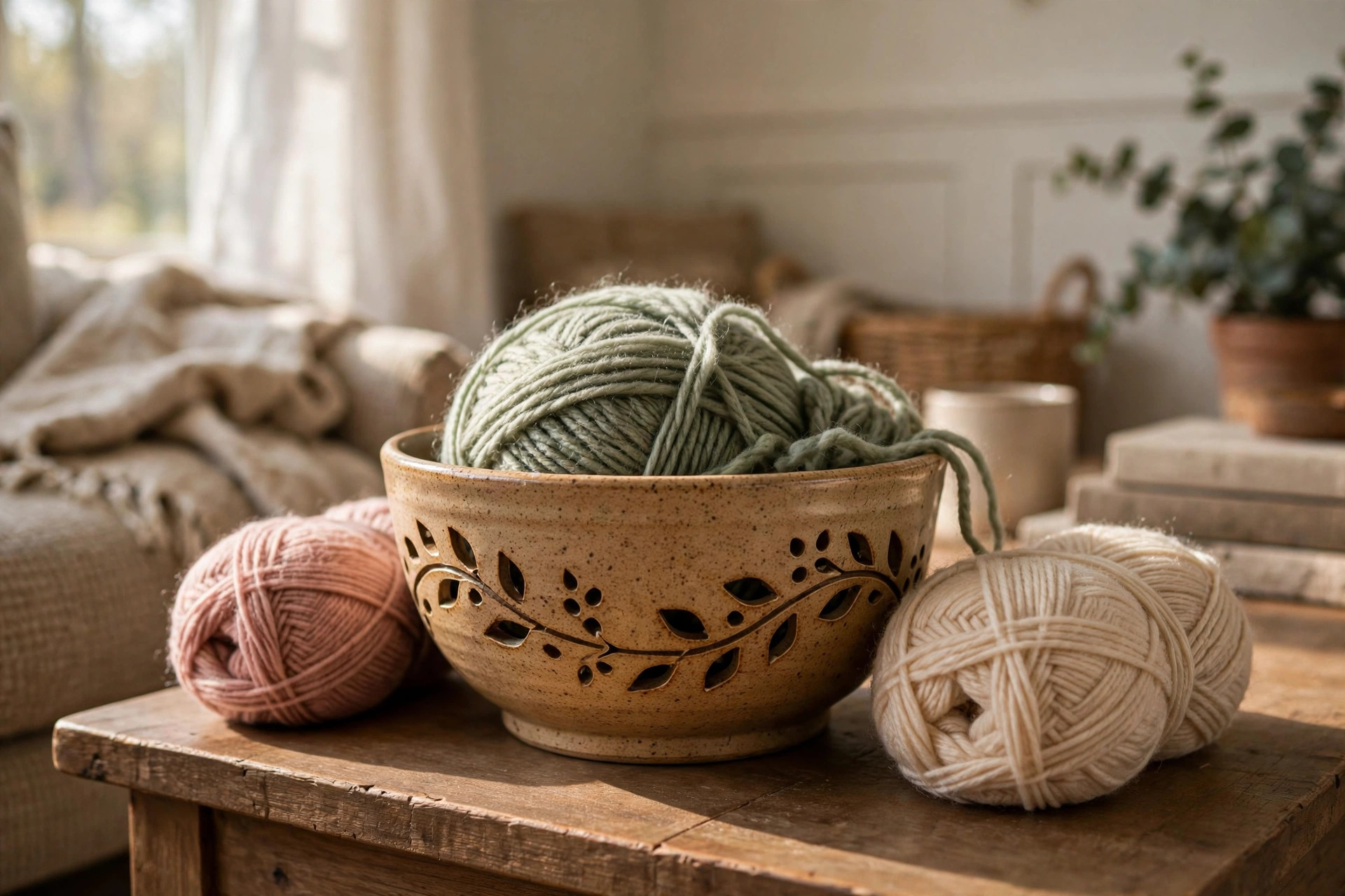 best yarn bowl for knitting and crochet: Ceramic yarn bowl holding a ball of green yarn on a wooden table