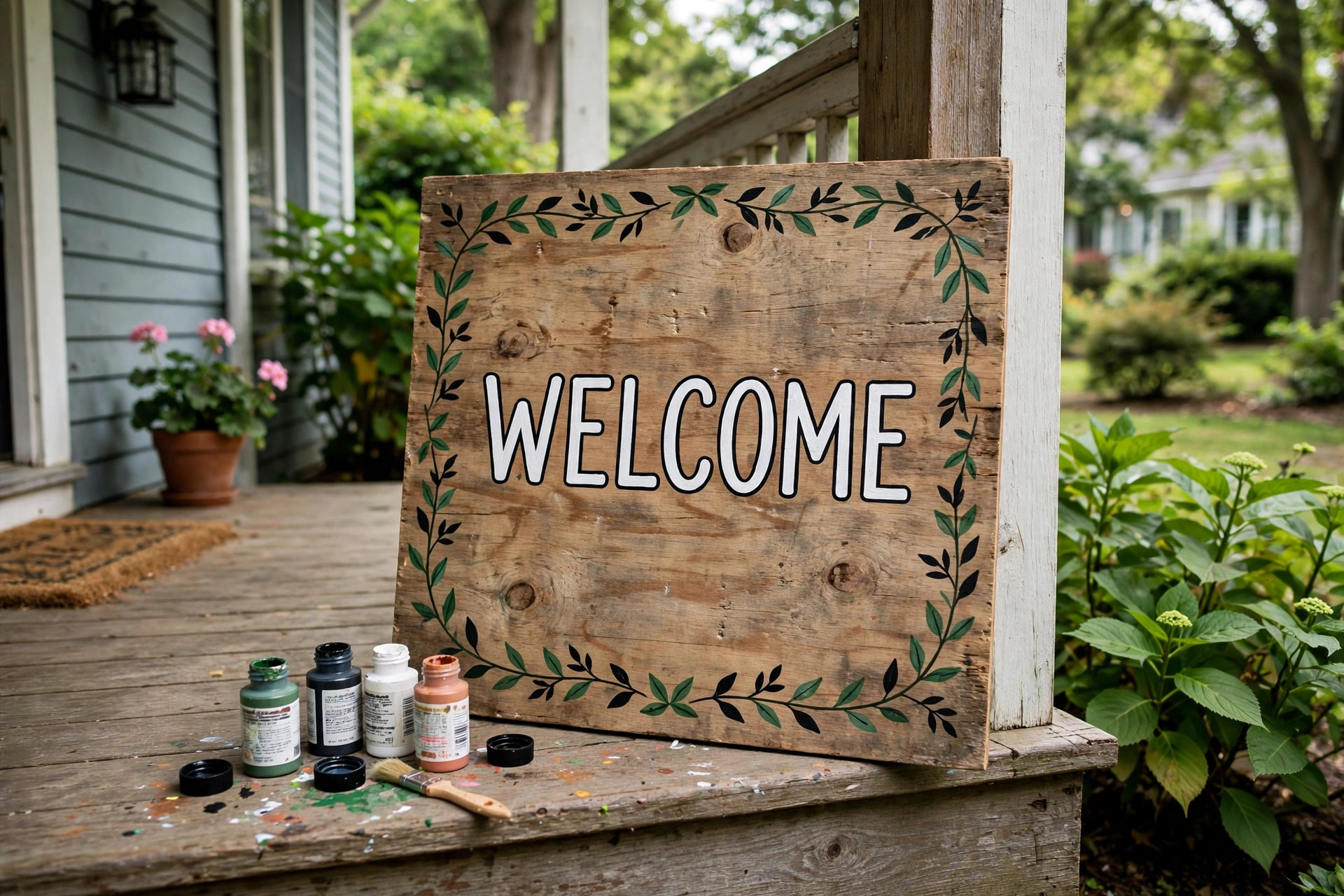 A rustic welcome sign with hand-painted lettering made with best craft paint for wood signs diy