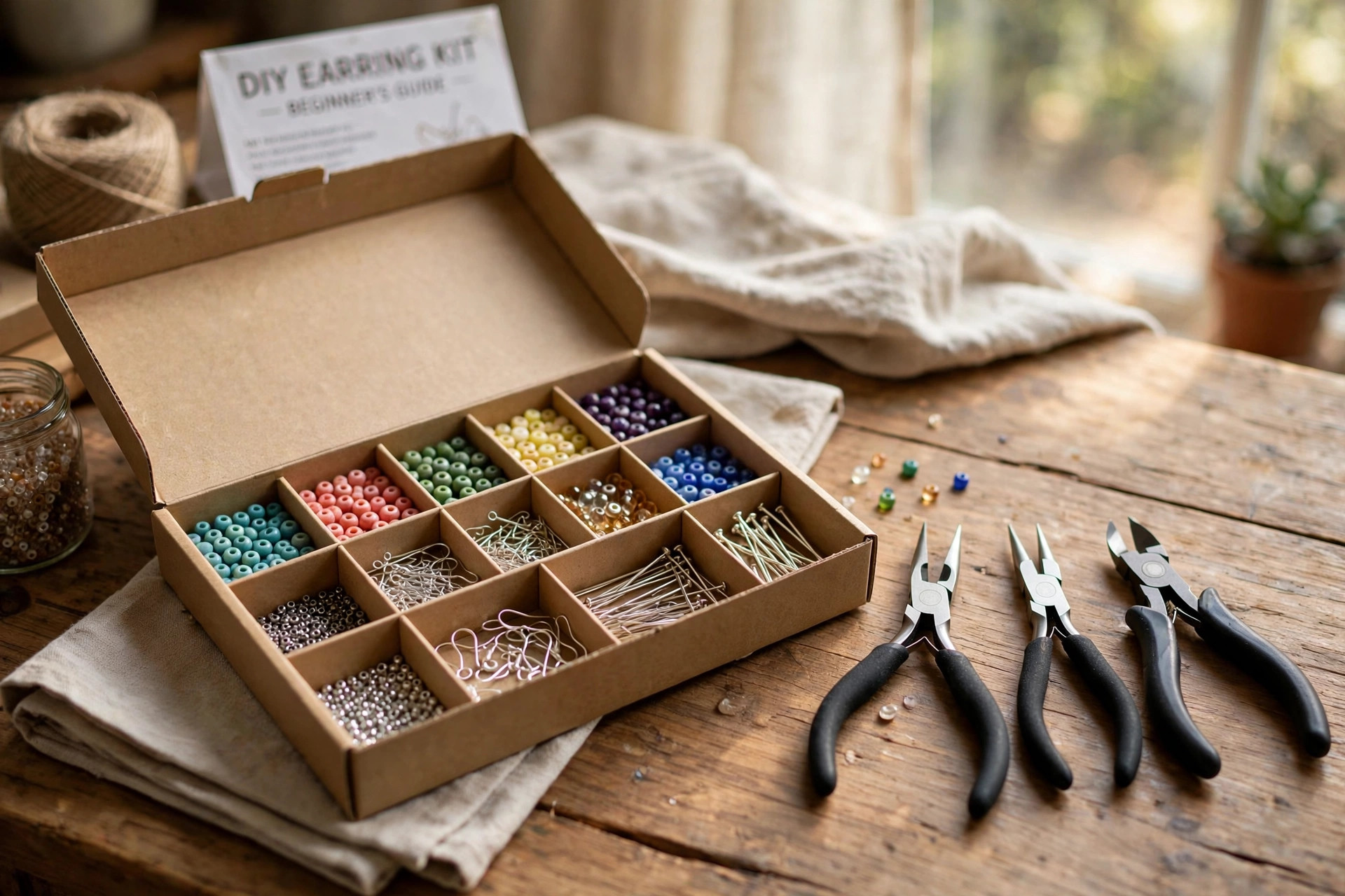 A diy earring kit for jewelry making beginners arranged on a wooden craft table