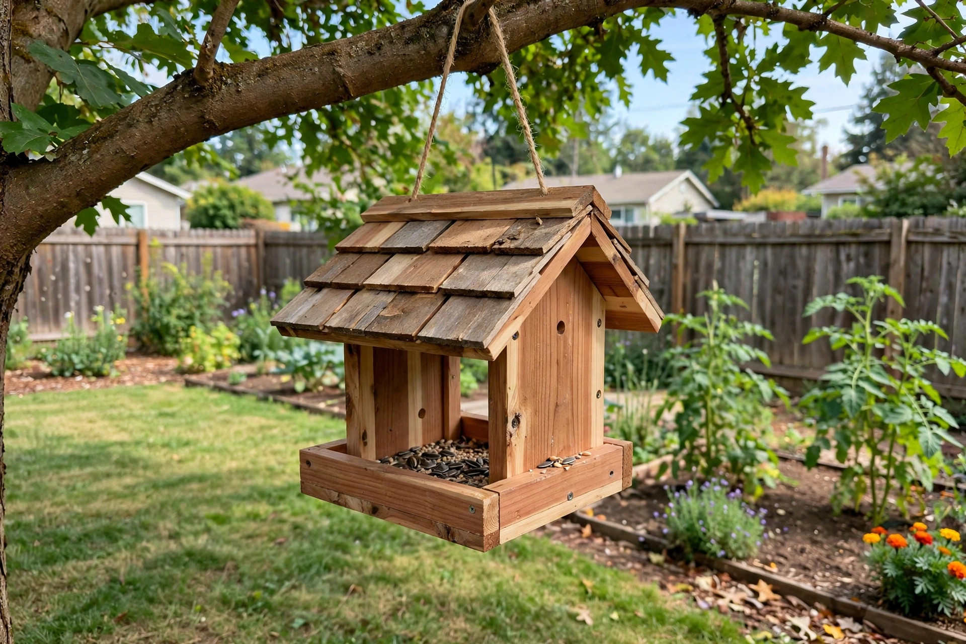A wooden DIY bird feeder kit for backyard crafts usa hanging from a tree in an American backyard
