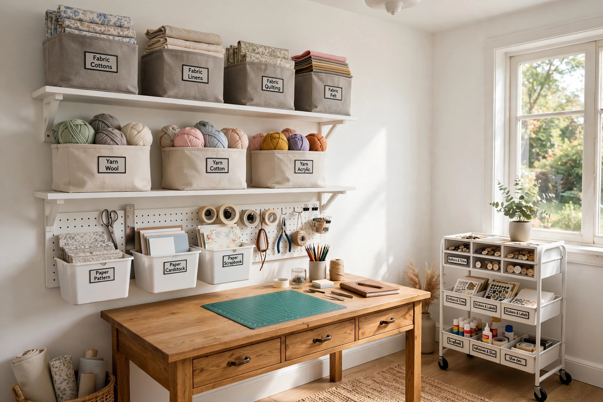 best craft storage for small craft room ideas: A small craft room with tidy shelves and labeled bins for craft supplies