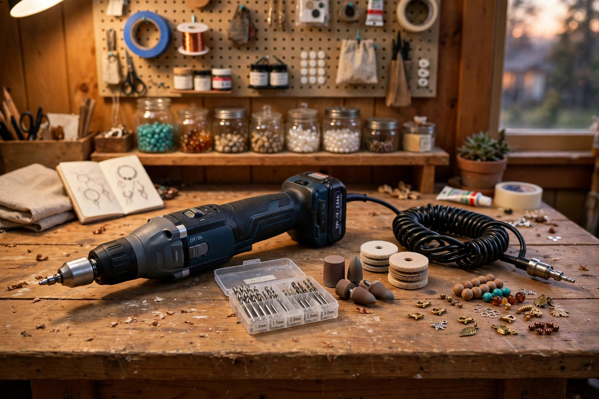 Best rotary tool for DIY crafts and jewelry arranged on a wooden craft bench with bits and polishing wheels
