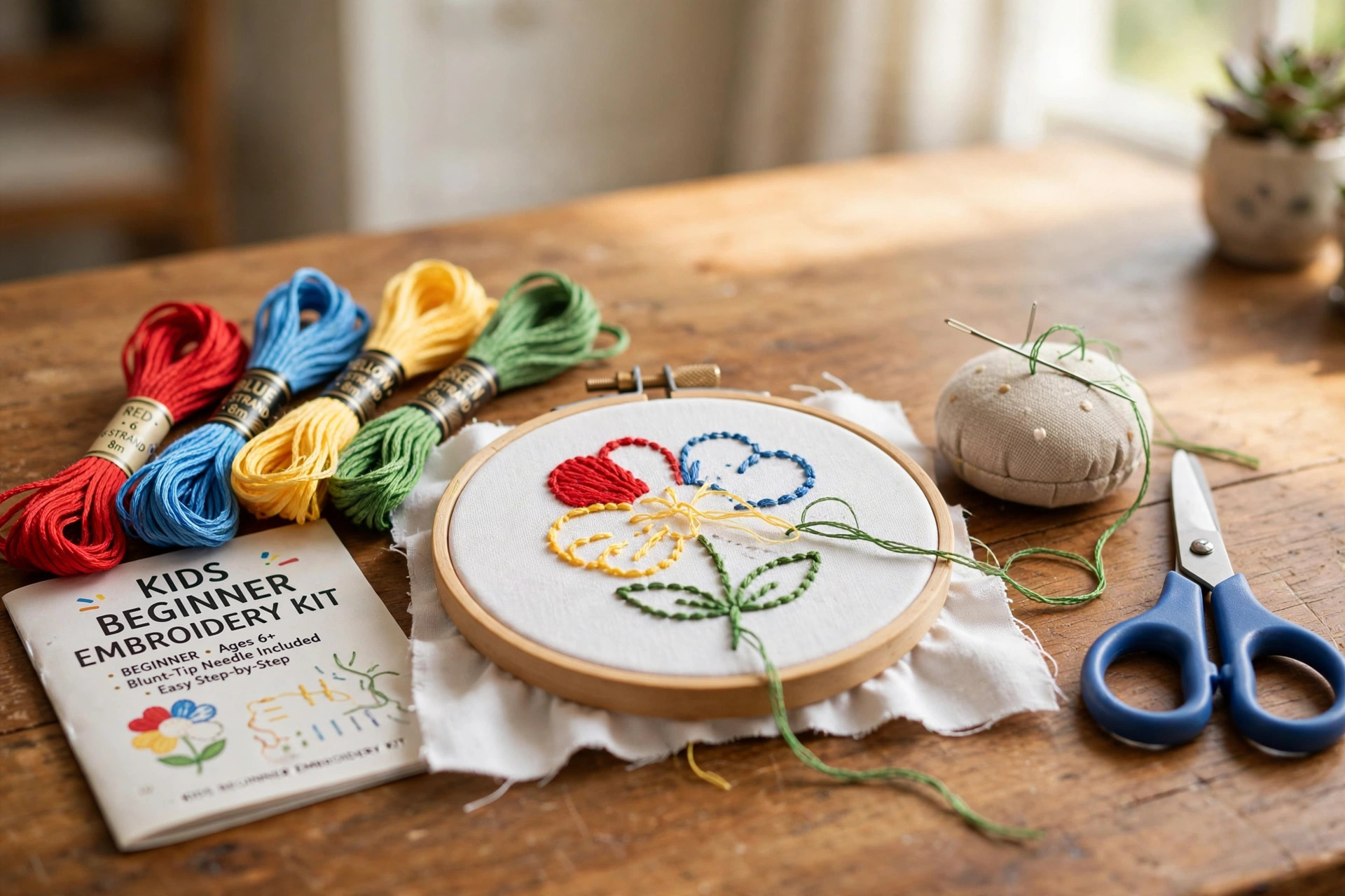 Embroidery kit for kids beginners easy patterns shown with colorful thread and hoop on a wooden table