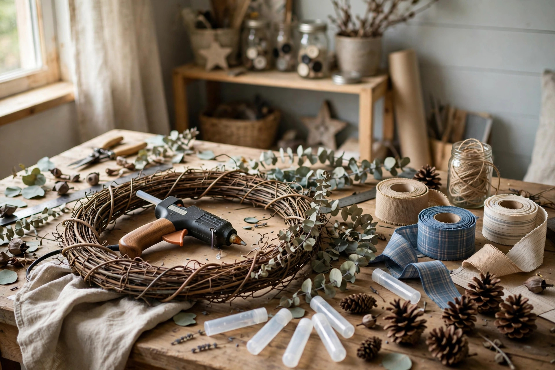 best glue gun for wreath making crafts on a workbench with a grapevine wreath frame