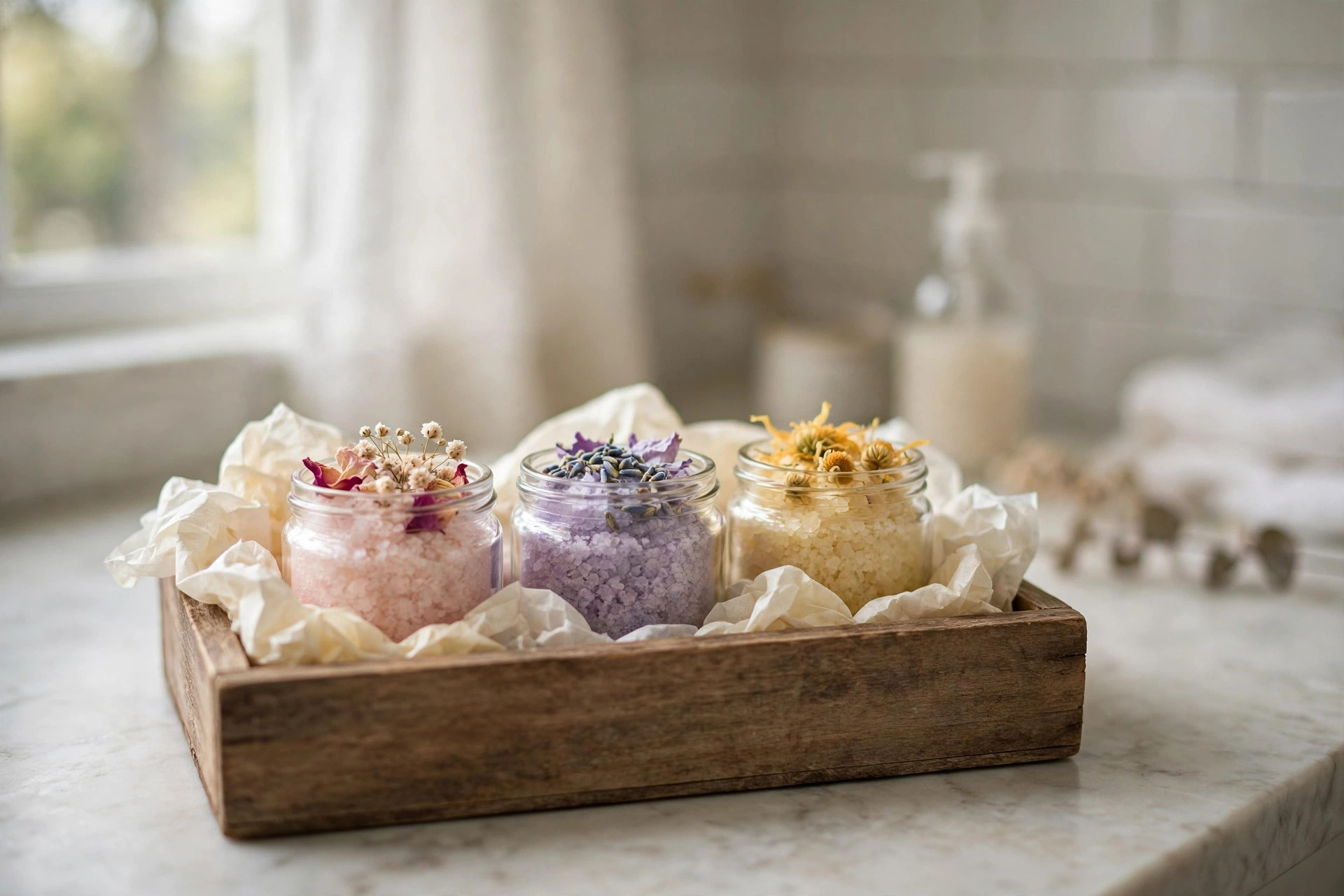 Homemade bath salt jars ready for gifting with the diy bath salt kit for spa gifts home