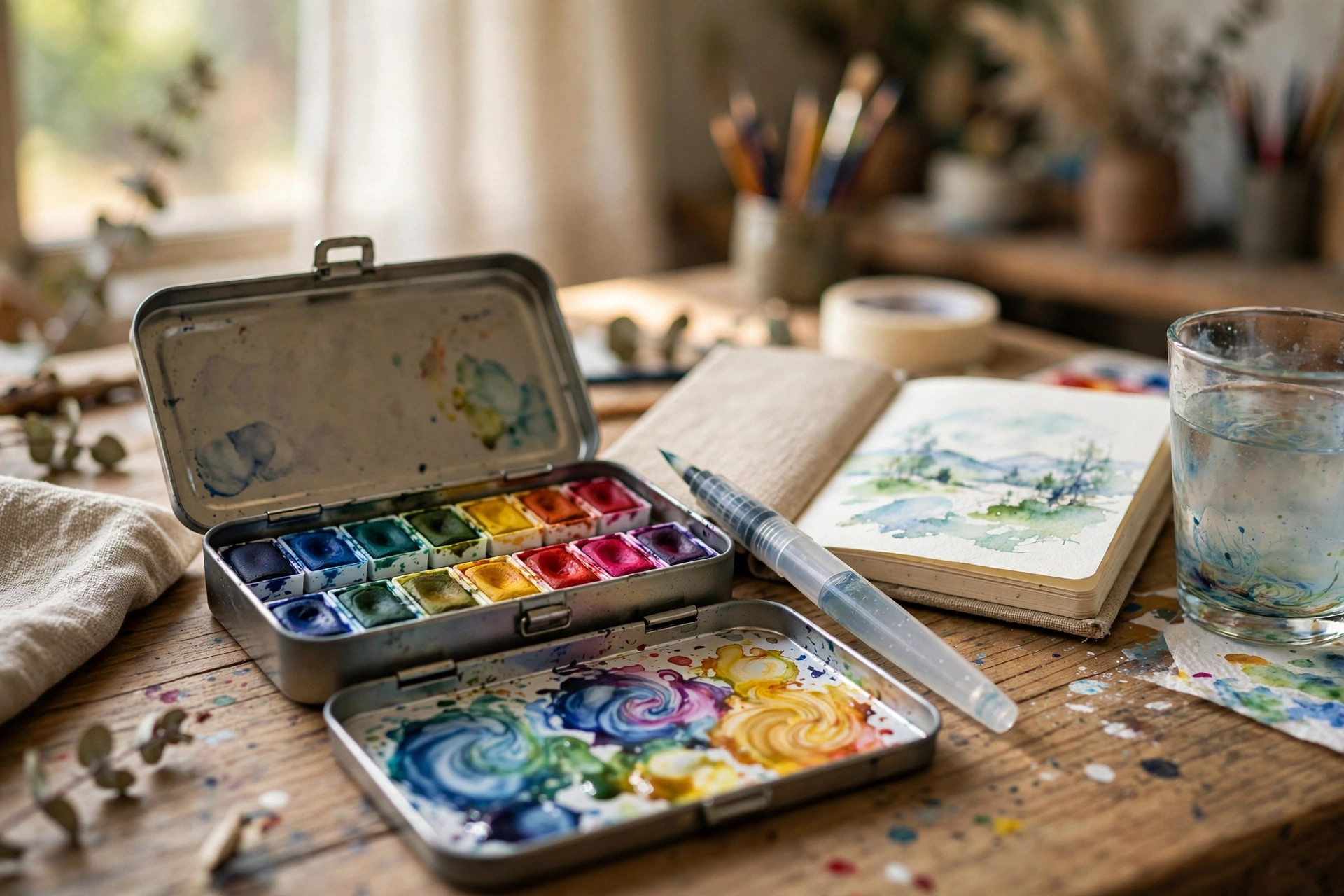 A compact watercolor travel set open on a wooden table, part of the best watercolor set for travel painting art