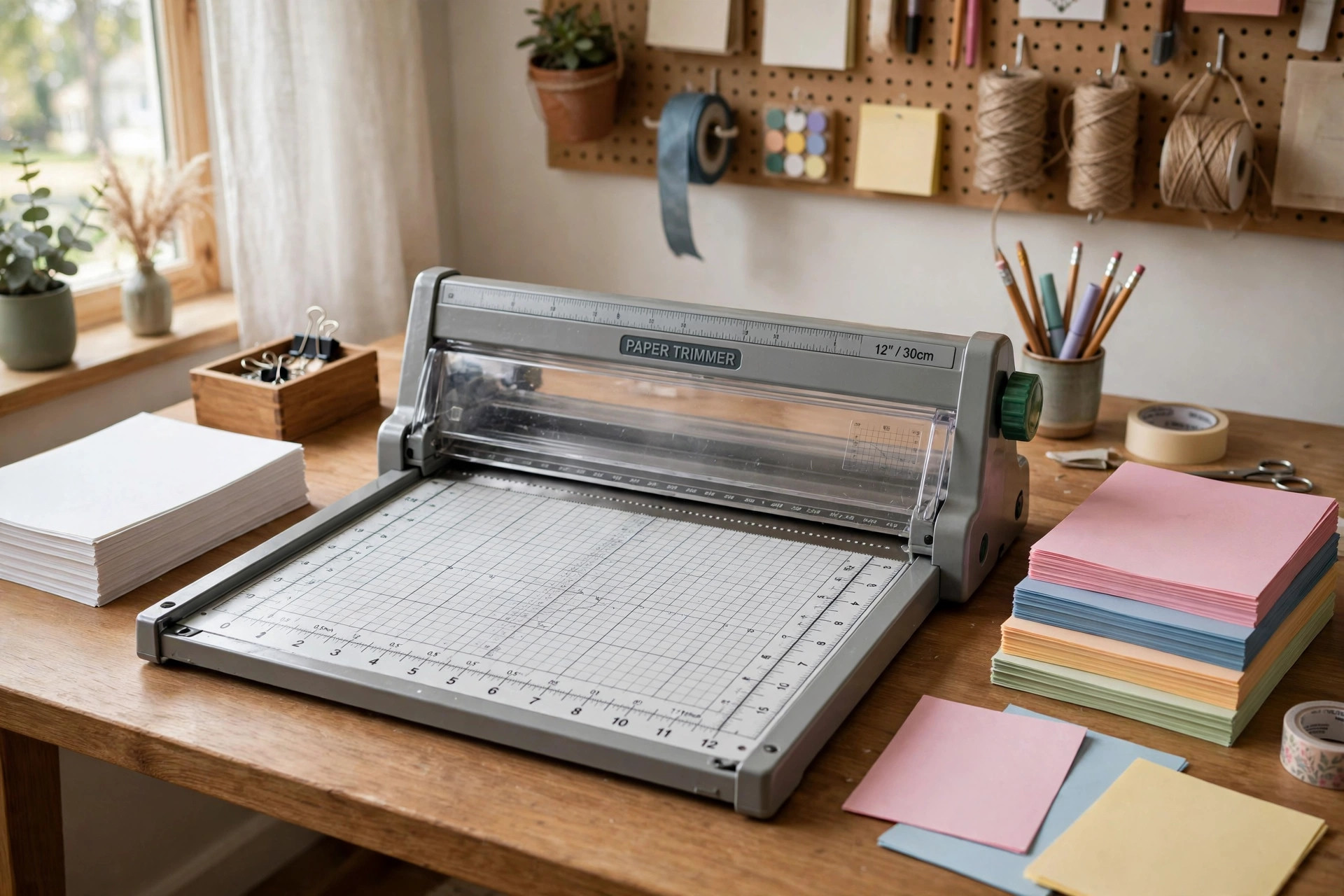 best craft paper trimmer for precise cuts: A craft paper trimmer on a wooden desk with clean sheets of paper, for precise cuts