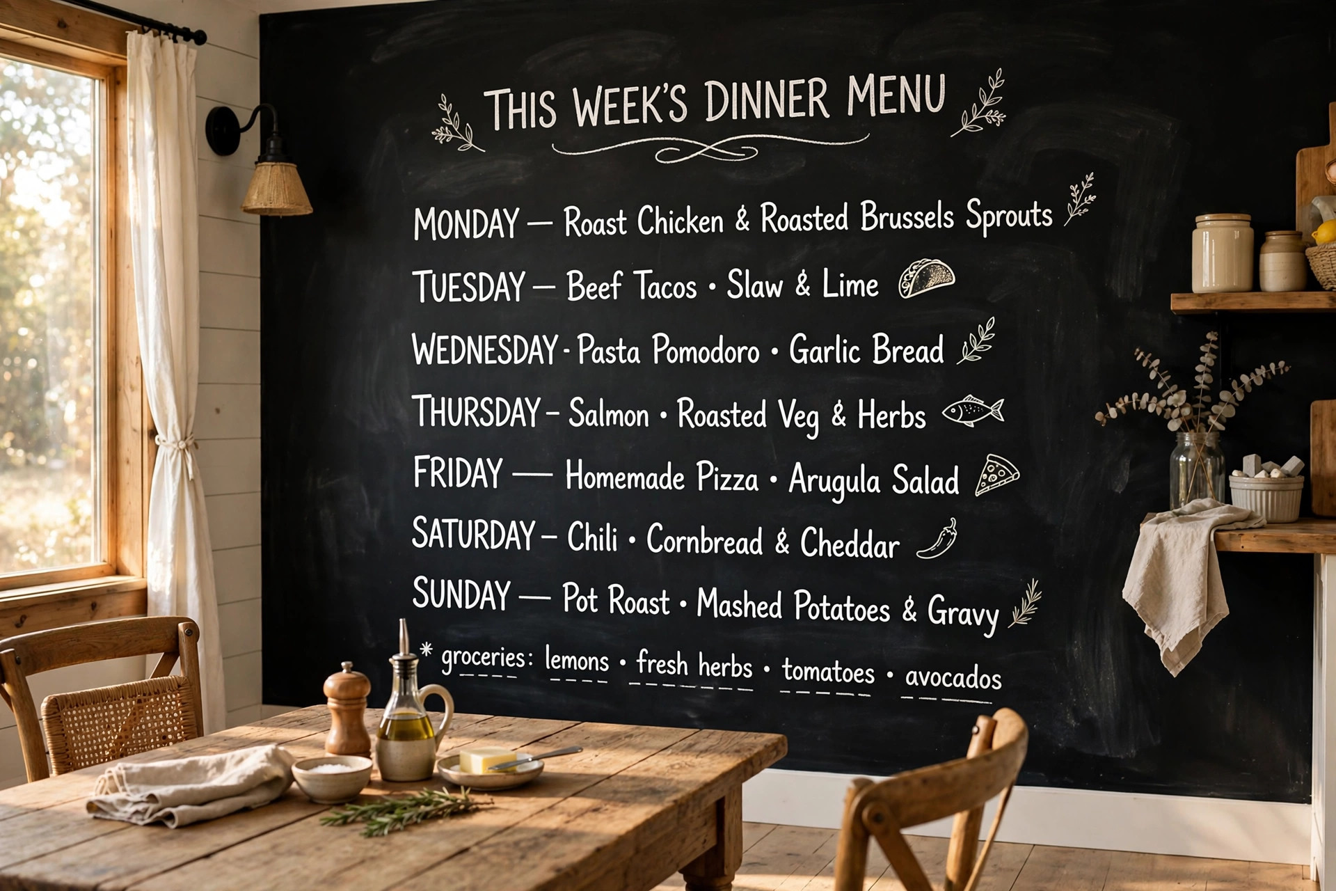 best chalkboard paint for diy home projects: A kitchen wall painted with chalkboard paint showing a hand-drawn weekly menu in chalk