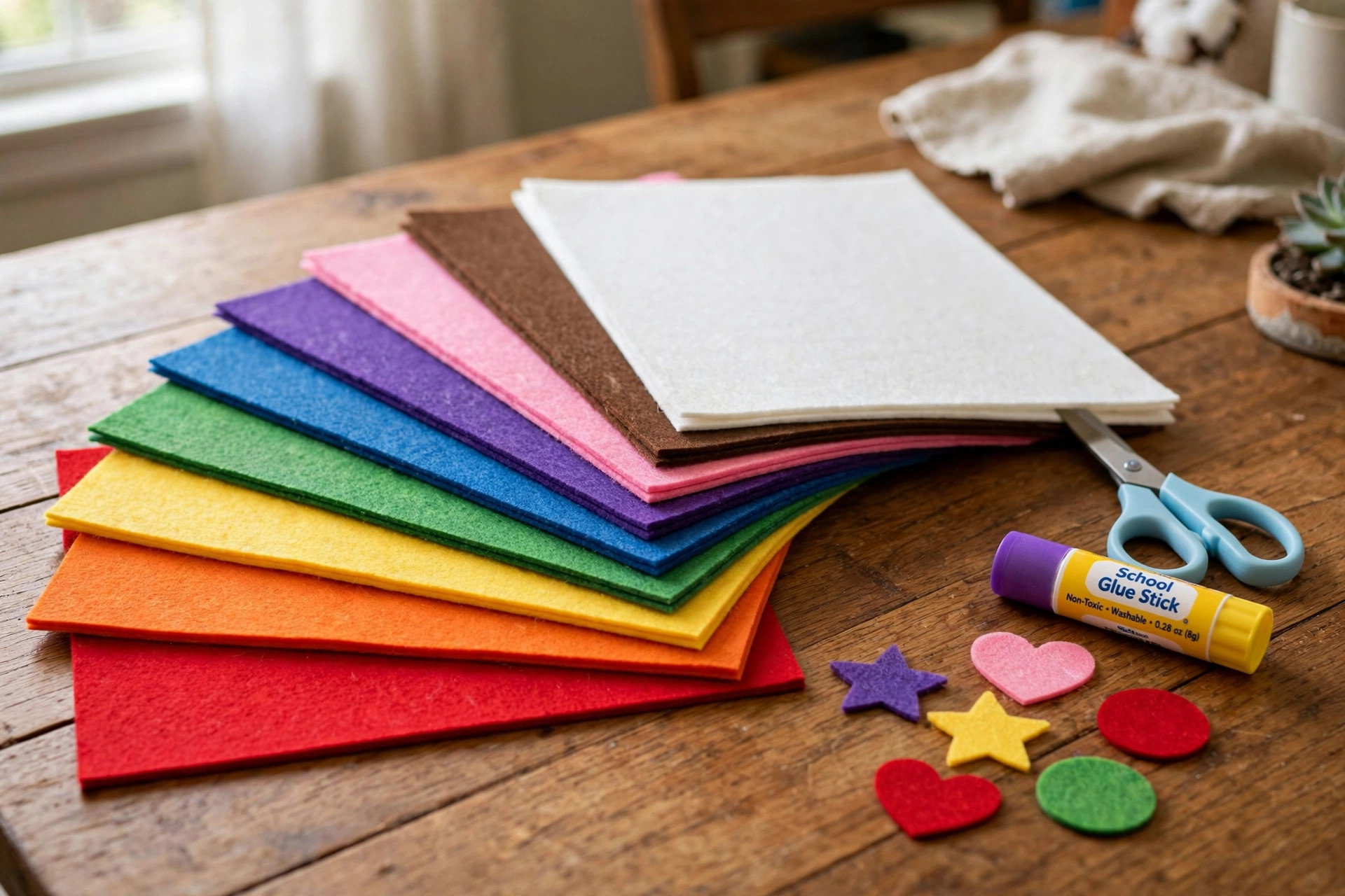Colorful craft felt sheets assortment for kids projects laid out on a table