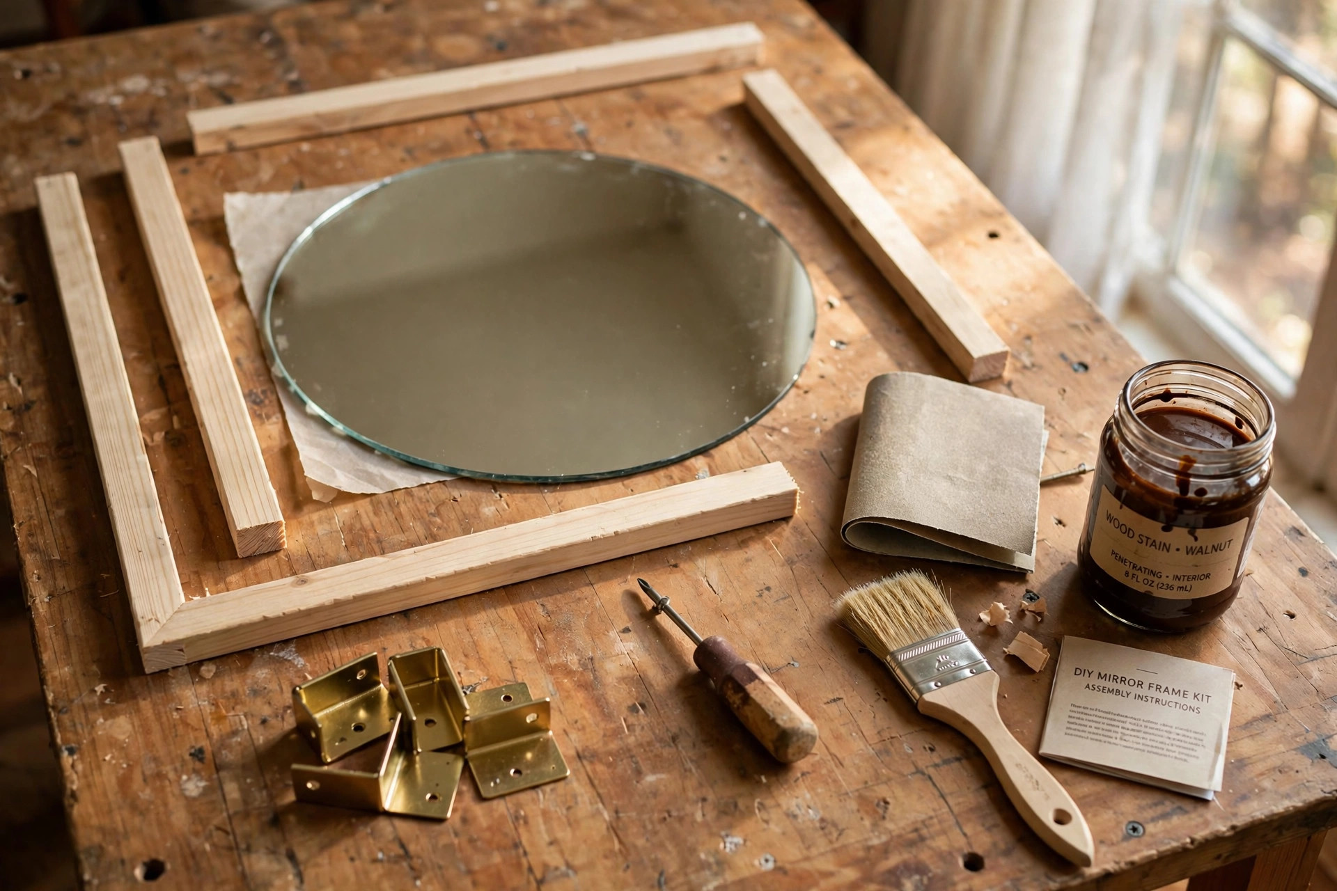 DIY mirror frame kit for home decor crafts laid out on a worktable