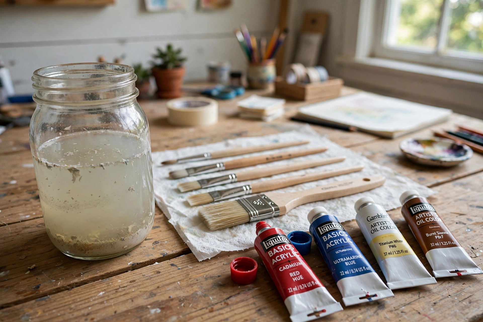 paint brush cleaner for acrylic and oil paints: Clean paint brushes resting beside a jar of brush cleaner