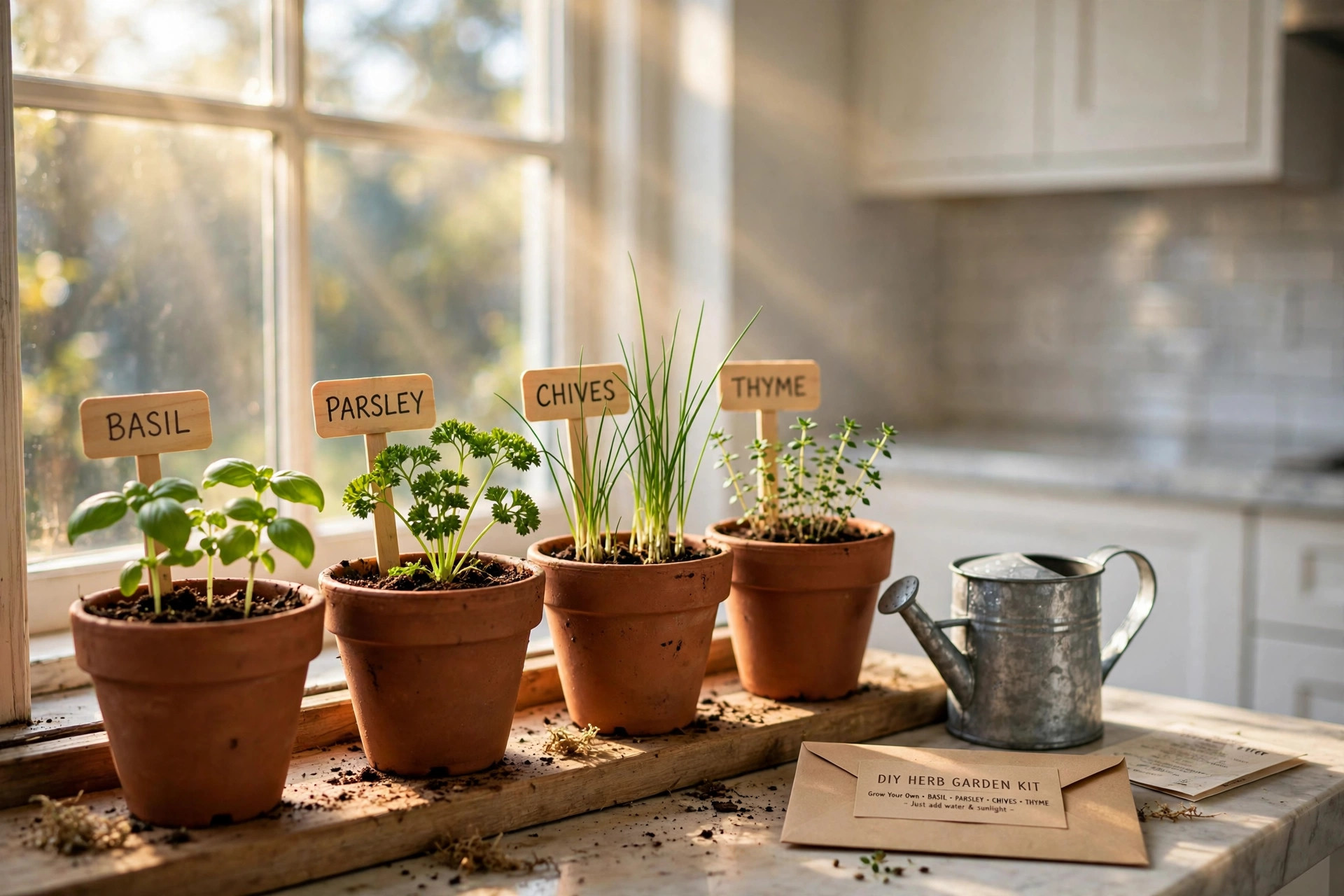 diy herb garden kit for kitchen windowsill usa: A diy herb garden kit for kitchen windowsill on a sunny kitchen counter