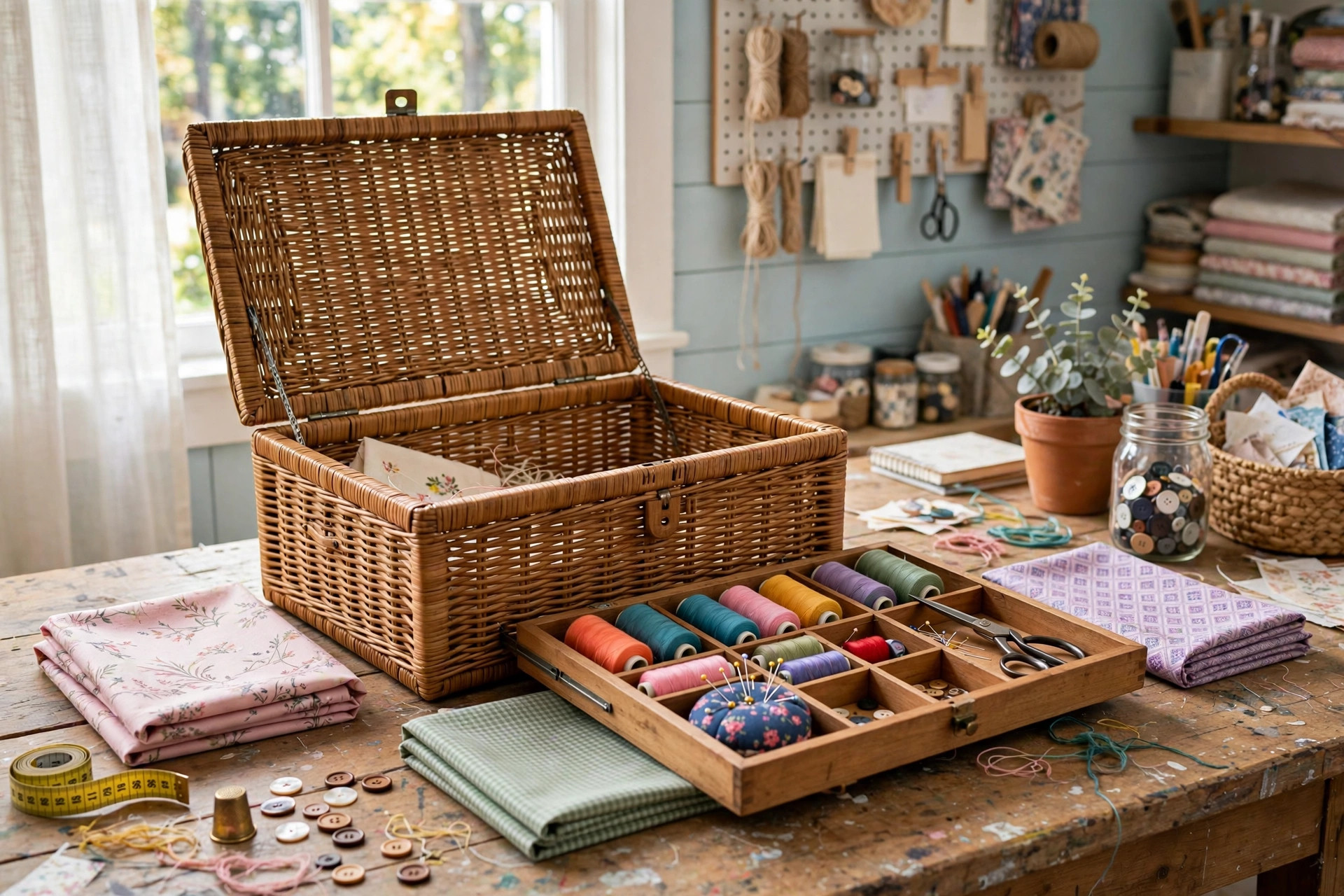 The best sewing basket for supplies organization home on a table in a bright craft room