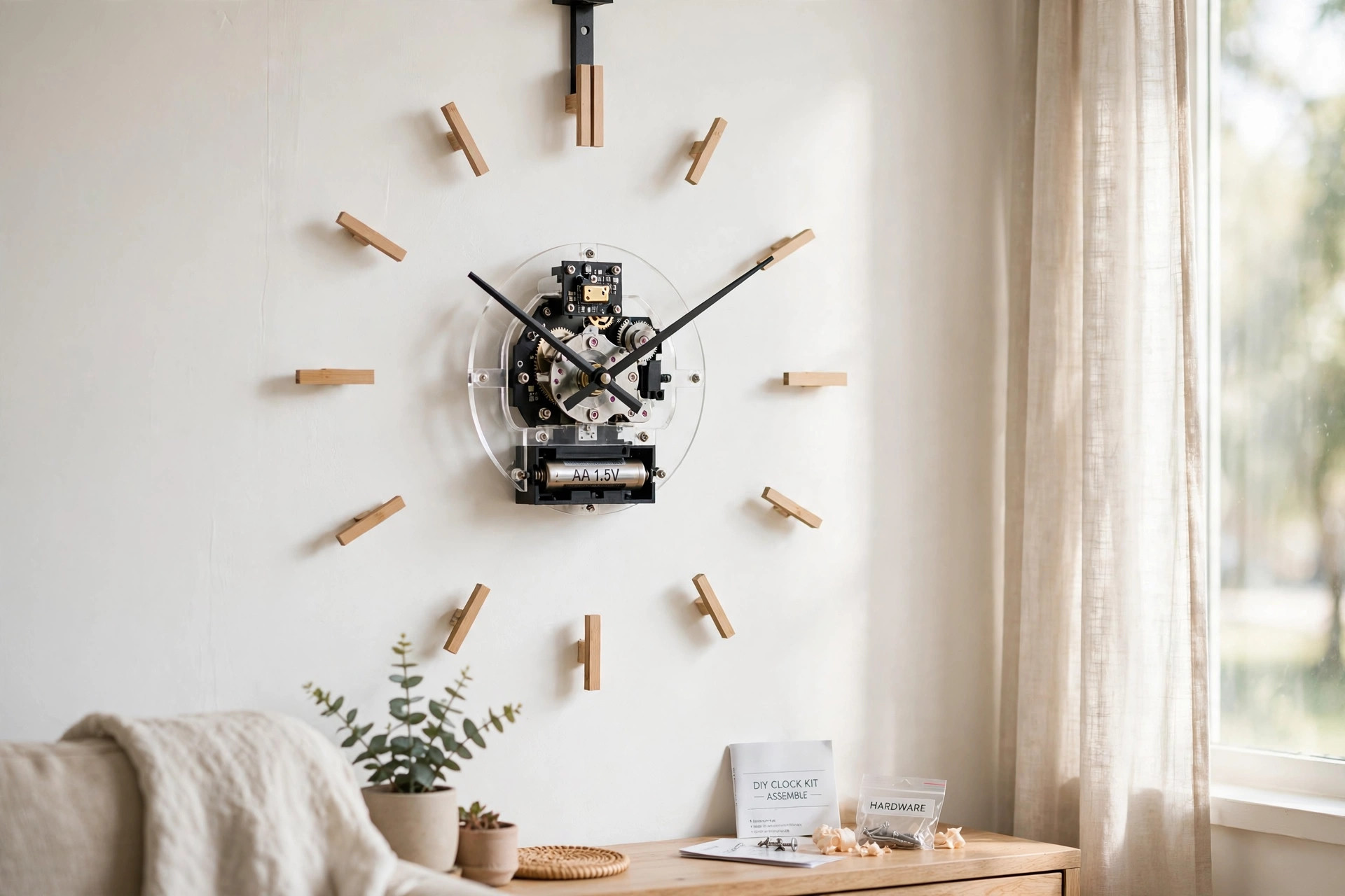 diy wall clock kit modern for home decor: Modern DIY wall clock kit assembled on a living room wall