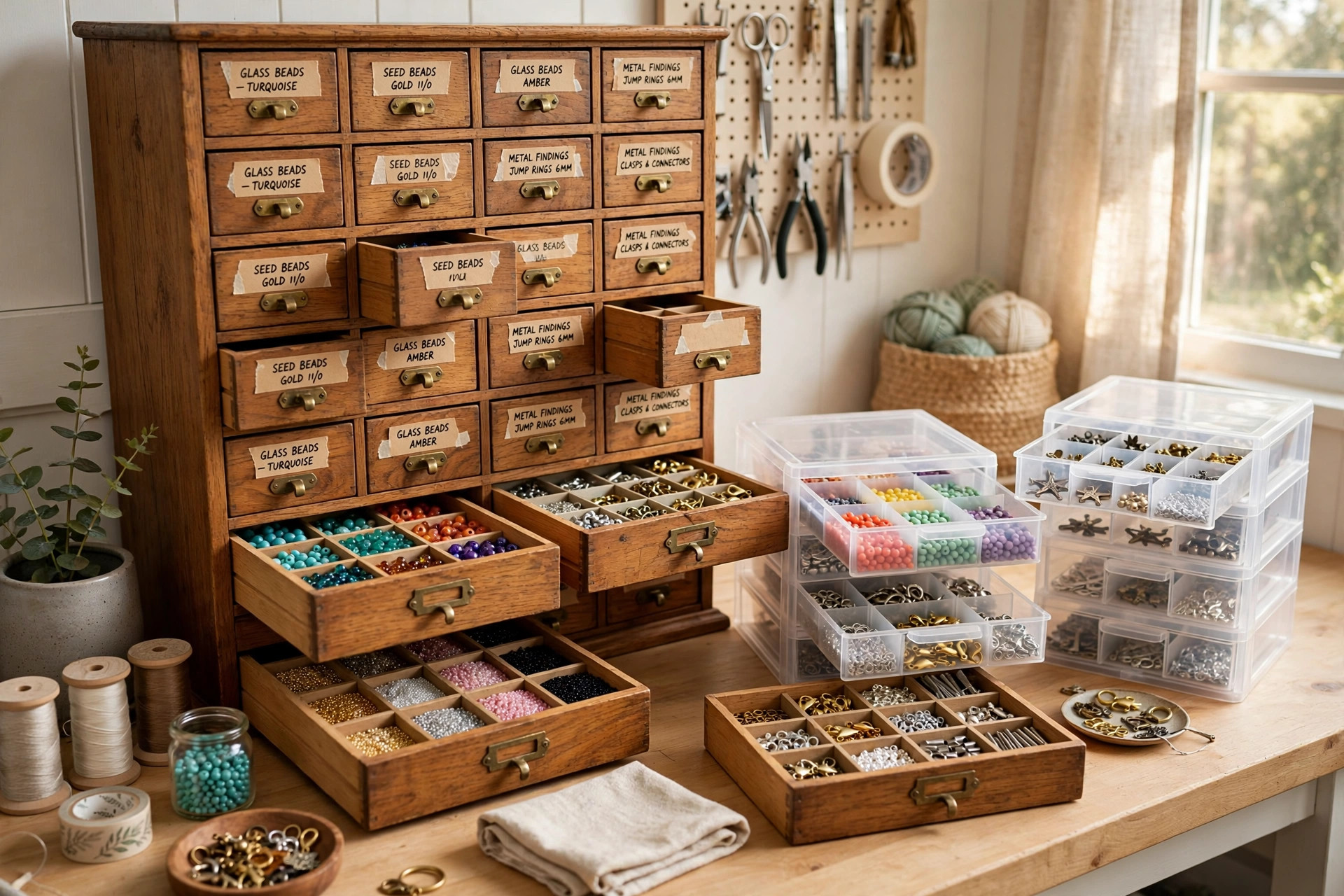 best craft storage drawers for beads and findings: Craft storage drawers for beads and findings in a tidy home workroom