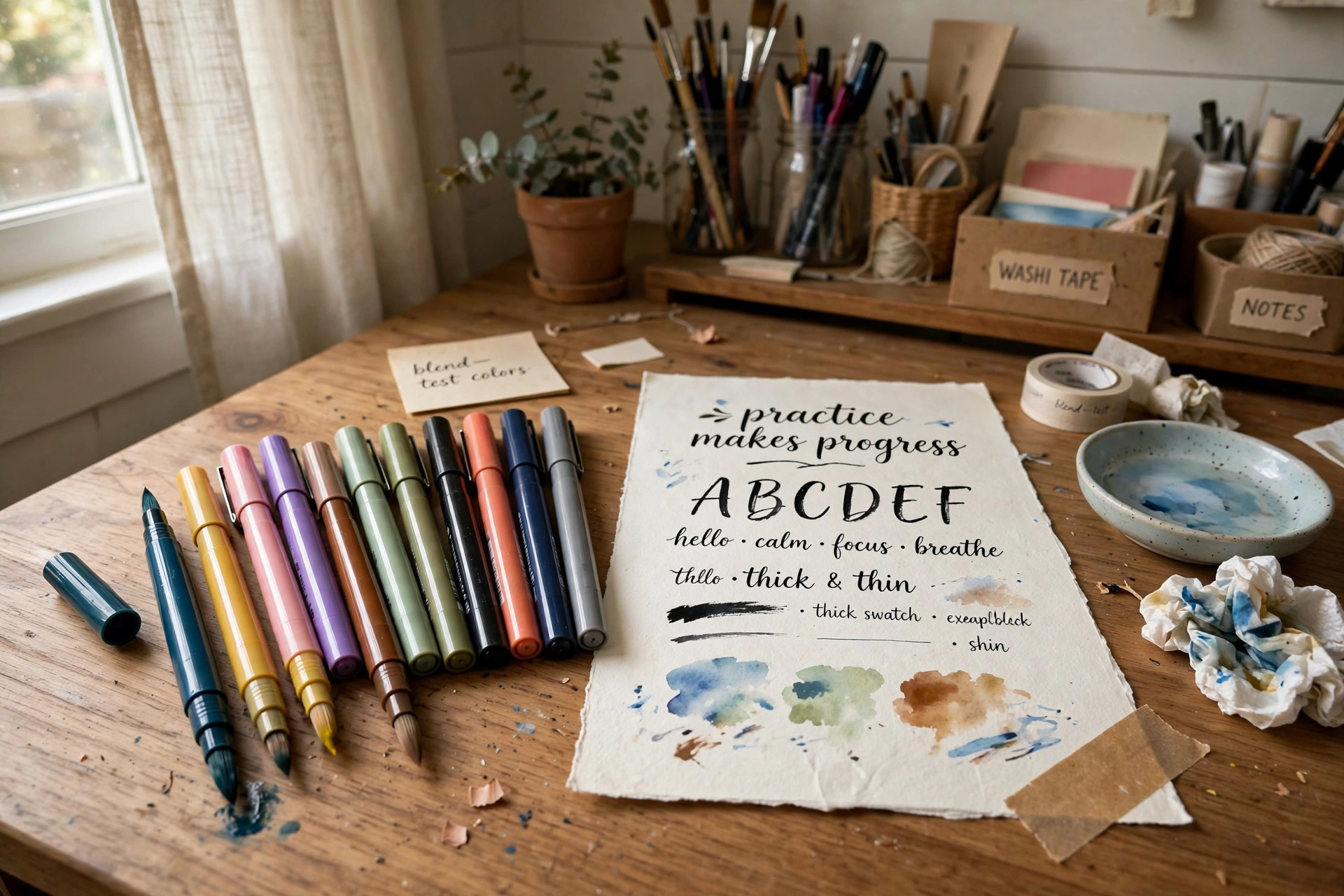 best watercolor brush pens for lettering art: Watercolor brush pens for lettering art beside a practice sheet