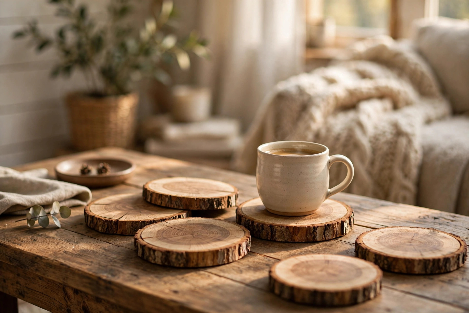 Wood slice coasters made from a wood slice coasters kit for diy home decor arranged on a rustic coffee table