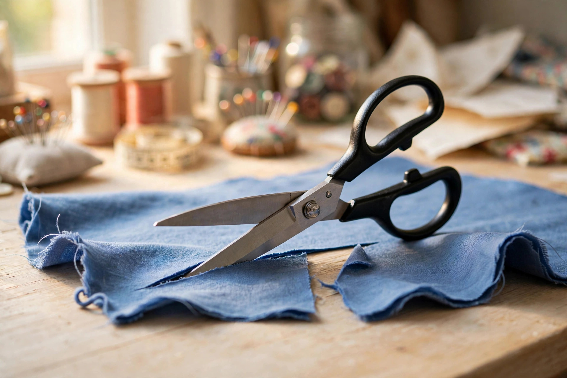 best craft scissors for fabric cutting sharp: A pair of sharp craft scissors cutting blue fabric on a sewing table