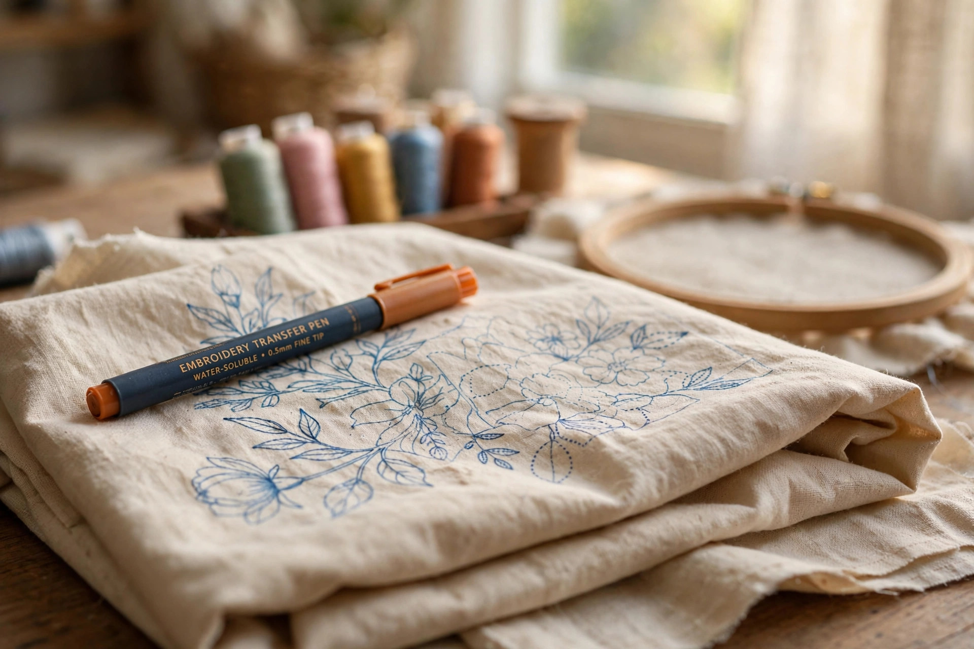 Embroidery pattern transfer pen for fabric crafts on a folded cotton square