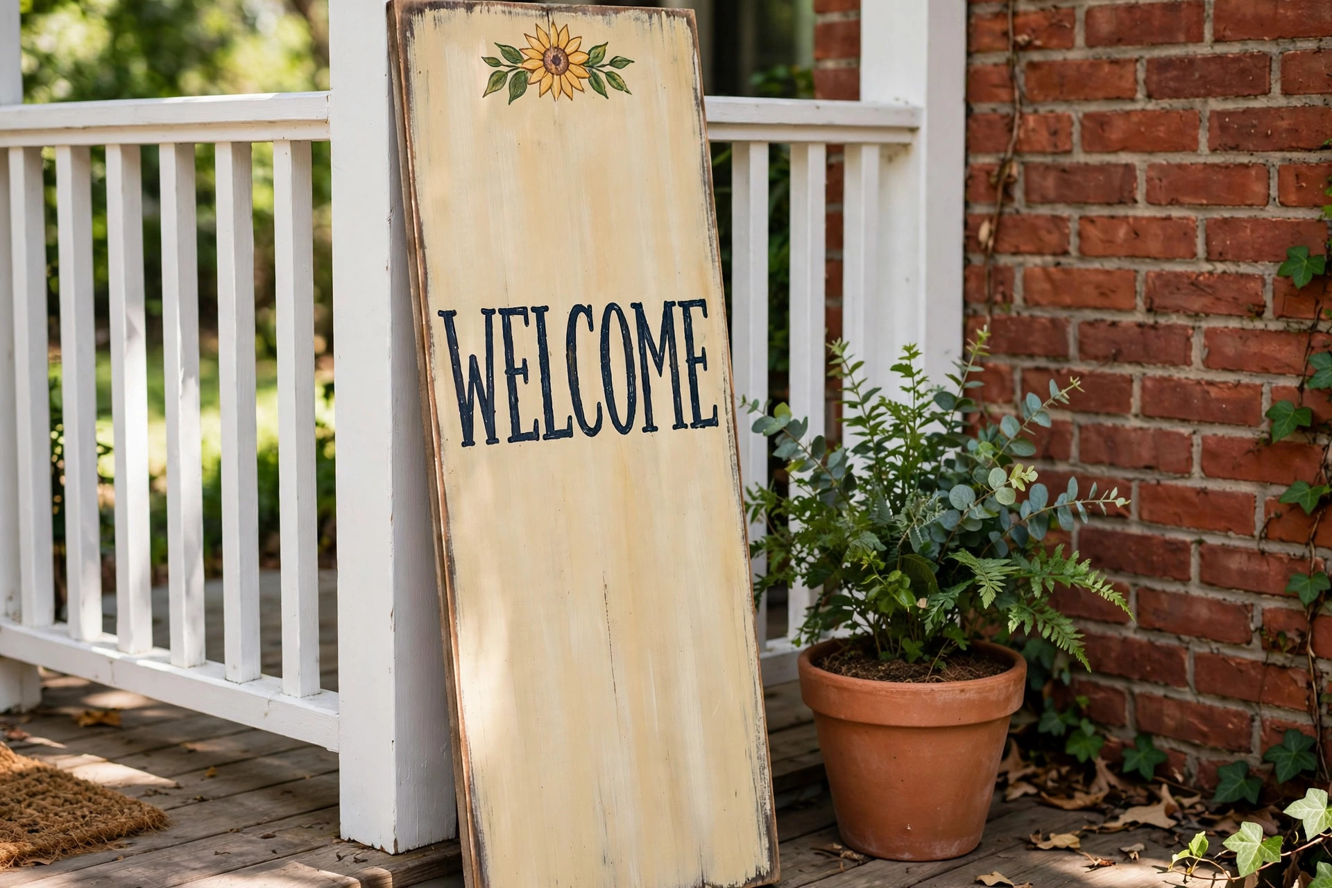 Handmade wooden welcome sign leaning on a front porch railing, made with a diy welcome sign kit for front porch decor