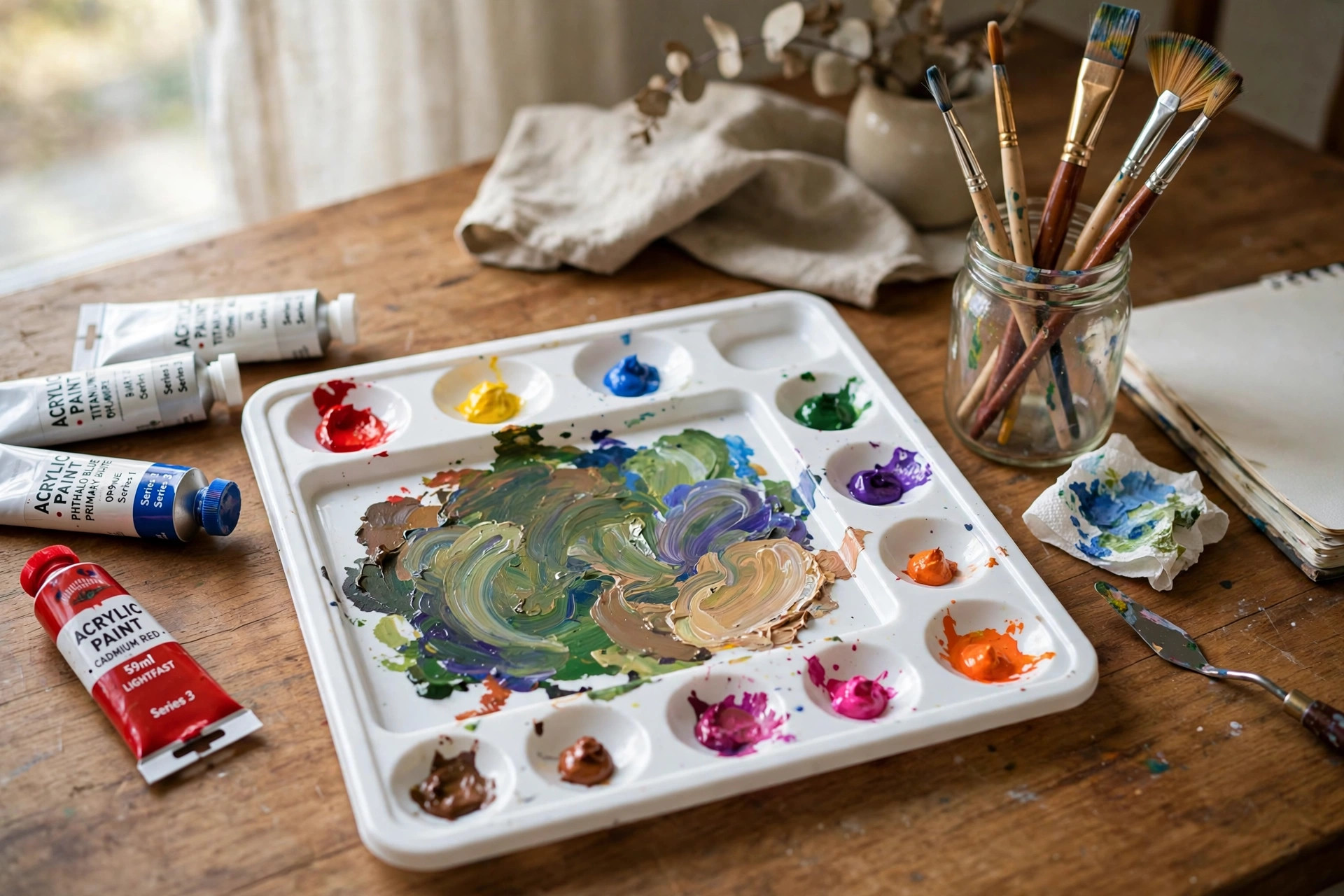Paint palette for acrylics mixing at home on a kitchen table