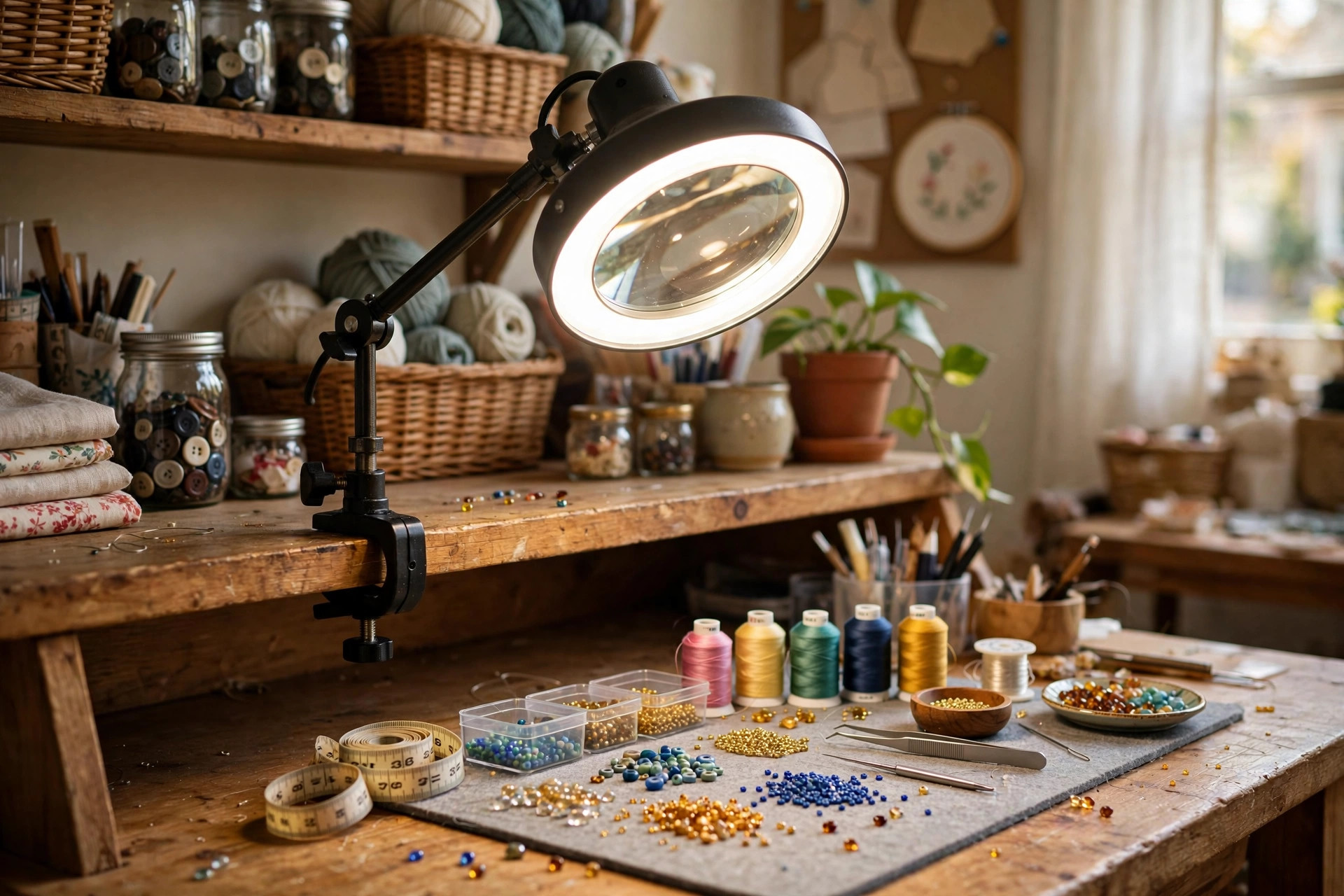 best craft magnifier lamp for detailed work: A magnifier lamp with bright light over a craft desk