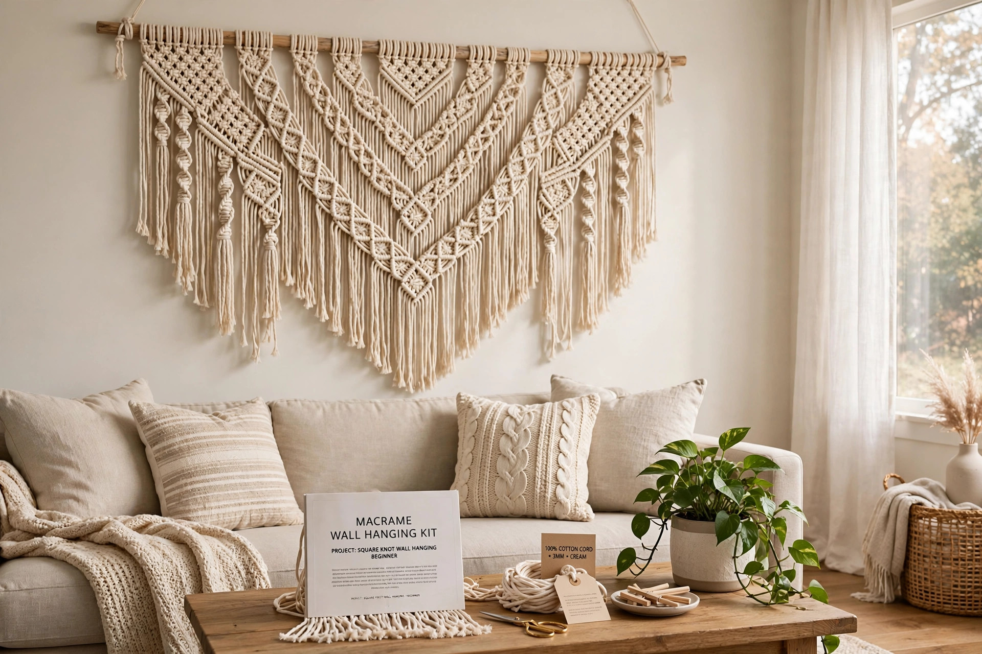 macrame wall hanging kit large for living room: Large macrame wall hanging kit finished piece displayed on a living room wall