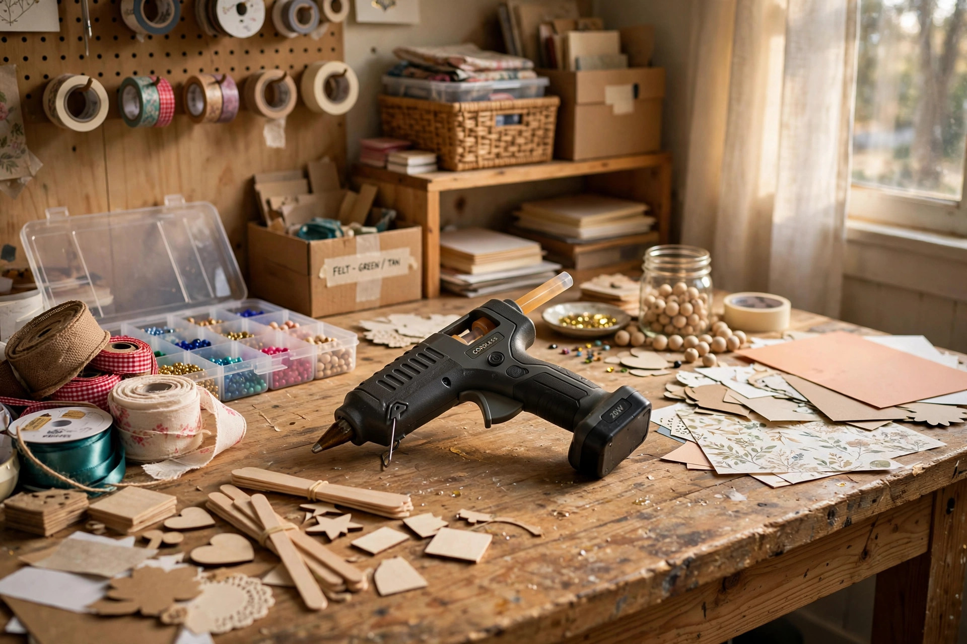 best craft glue gun cordless for detailed work: Cordless craft glue gun on a workbench with craft supplies, ideal for detailed work