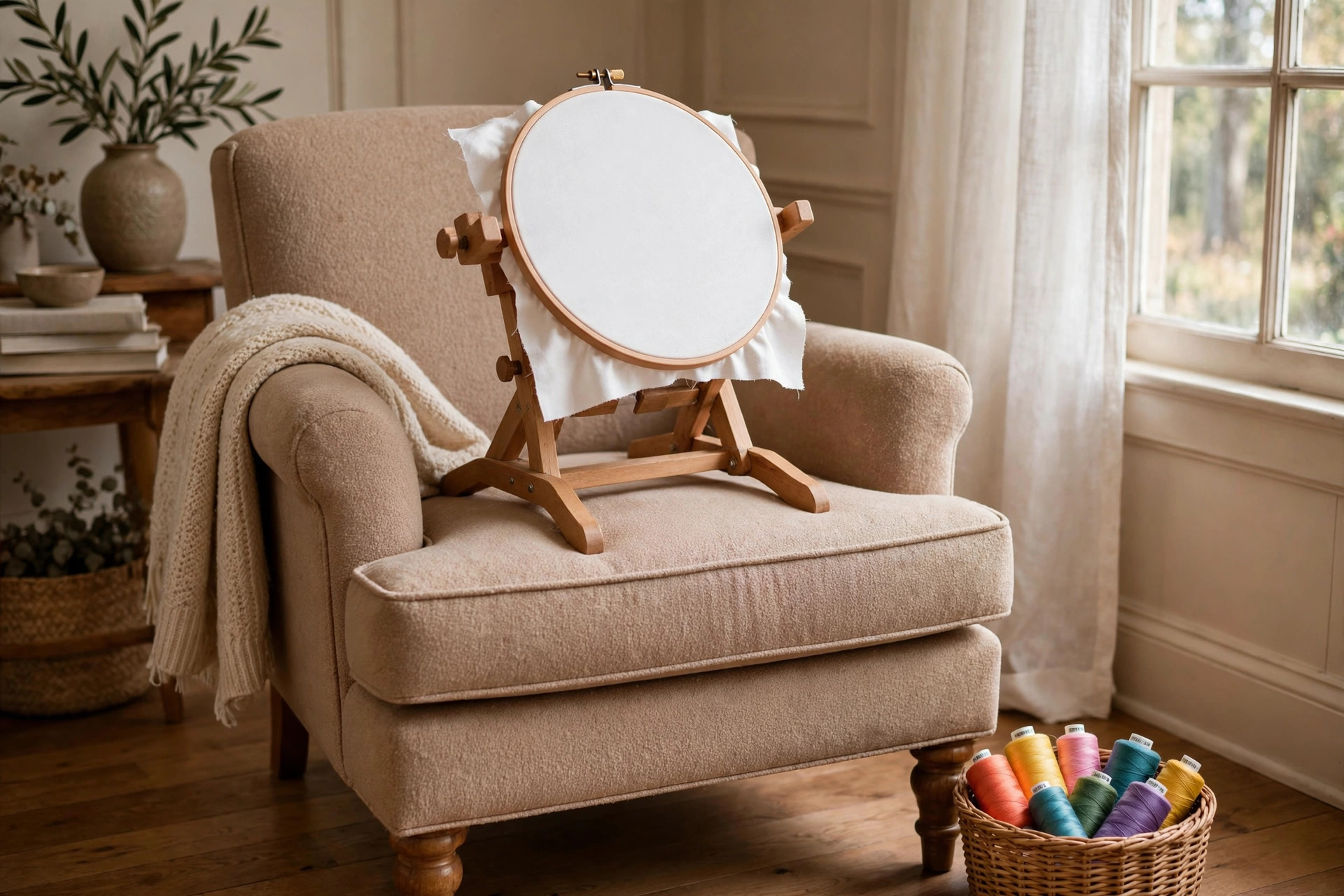 Close-up of an embroidery hoop stand holding a hoop over a chair, showing the best embroidery hoop stand for lap stitching setup
