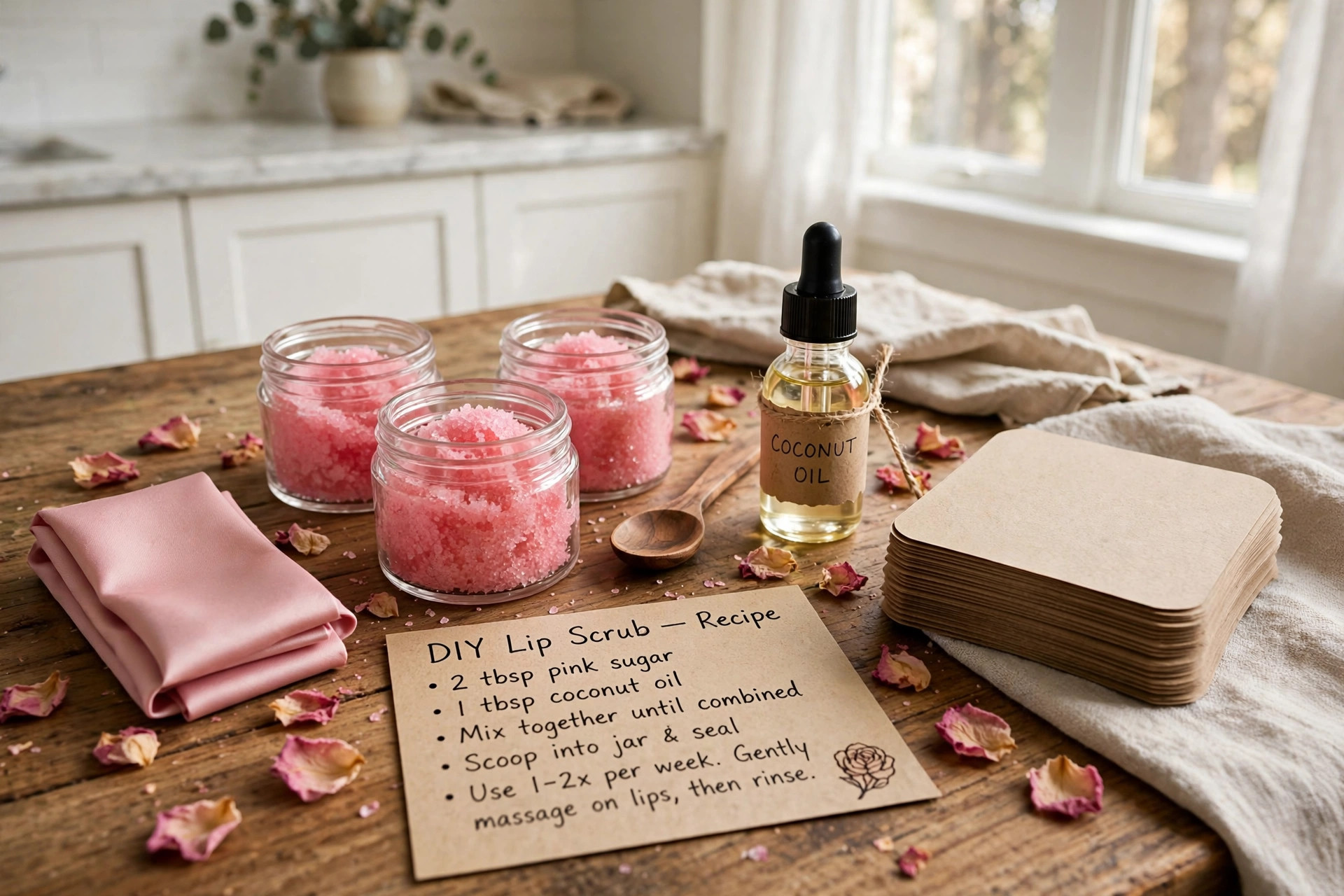 DIY lip scrub kit for beauty gifts home arranged in small glass jars