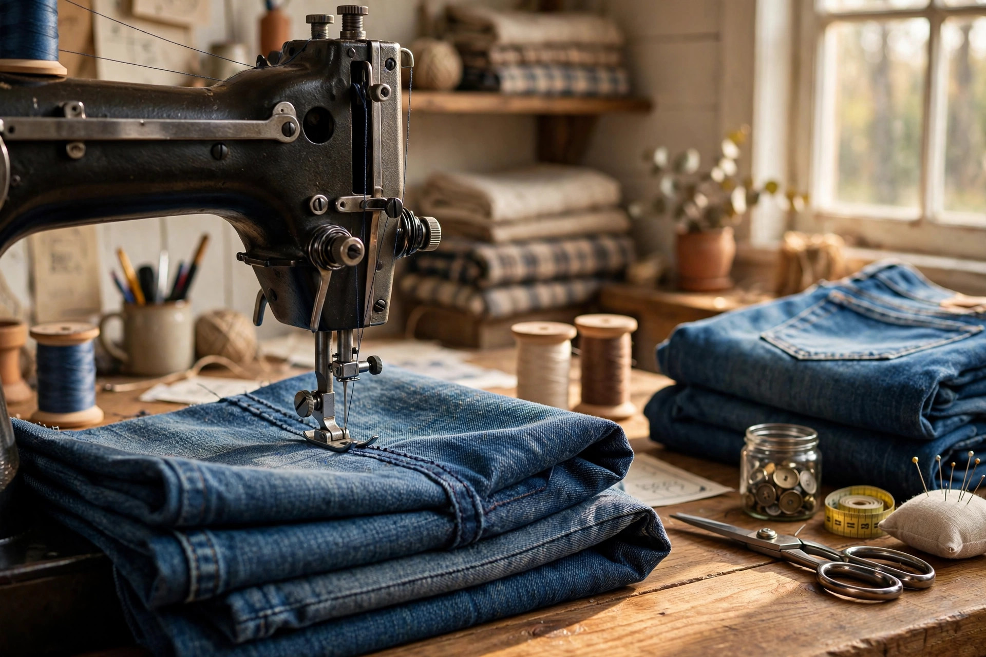 best sewing machine for heavy duty denim usa: Heavy duty sewing machine stitching thick blue denim in a home craft room