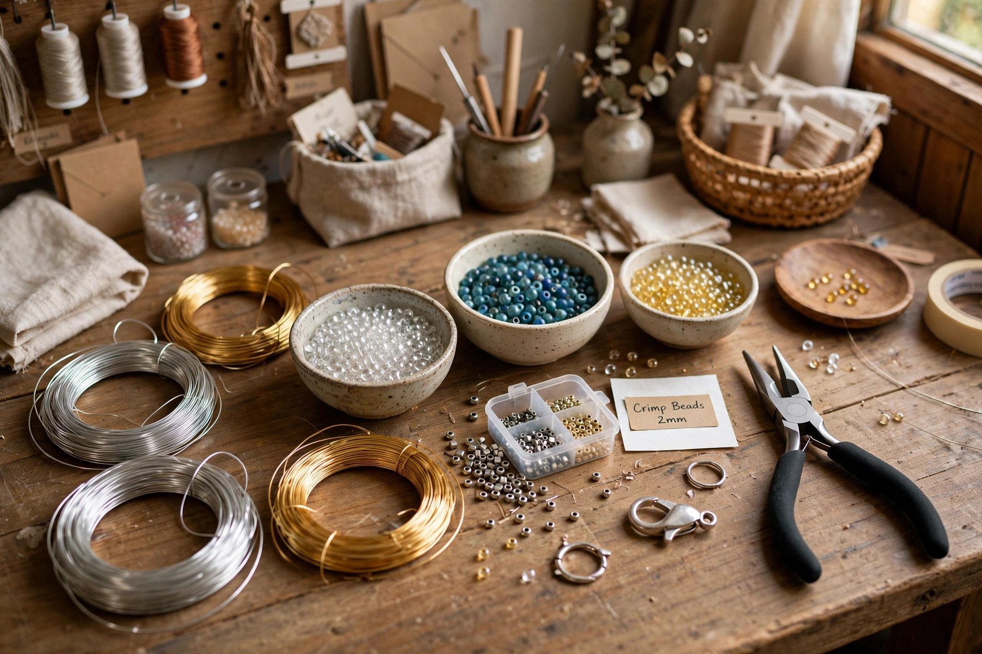 Bead stringing wire for necklace making crafts arranged with glass beads on a craft table
