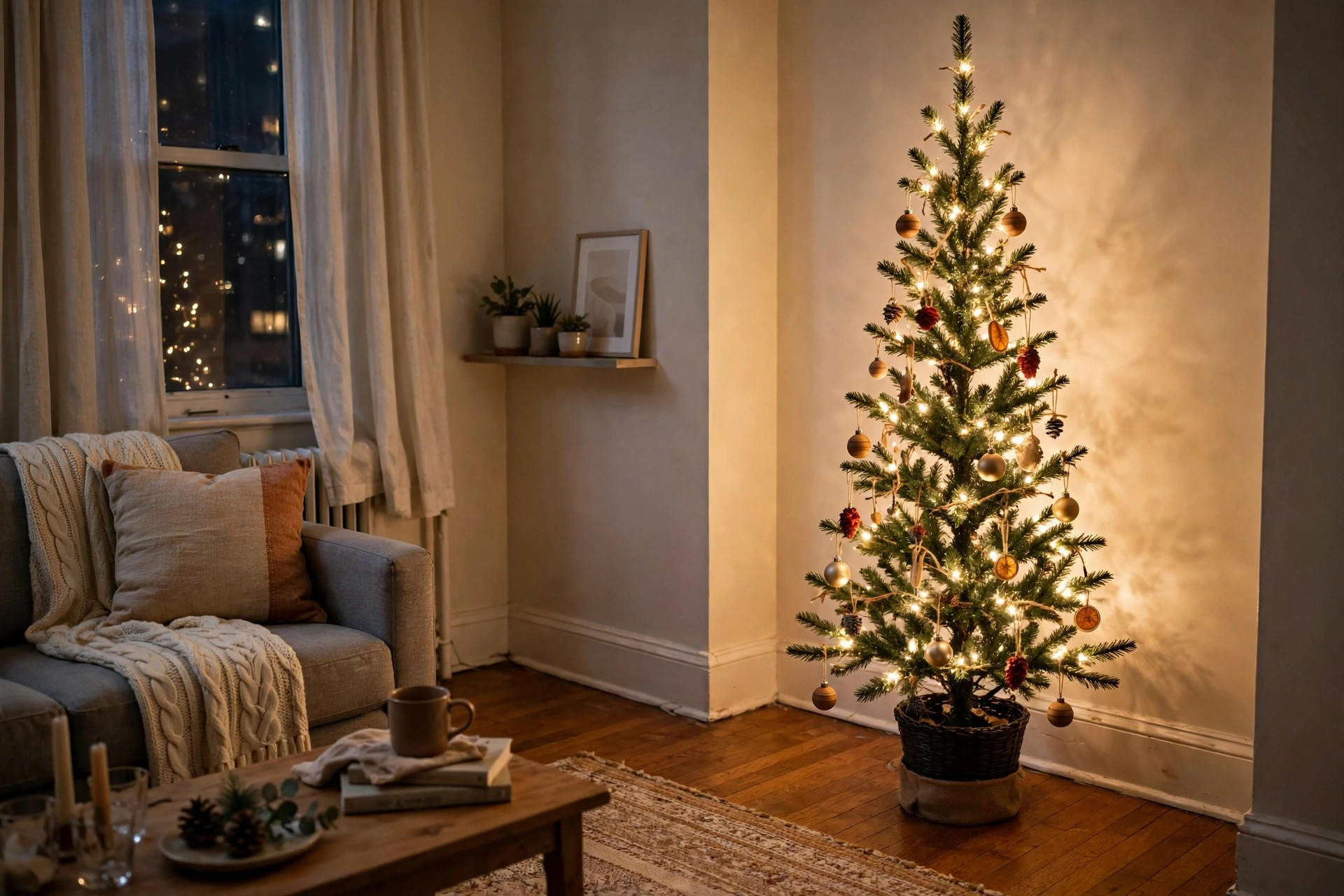 best artificial christmas tree for small apartments: A slim artificial Christmas tree with warm lights in a small apartment living room