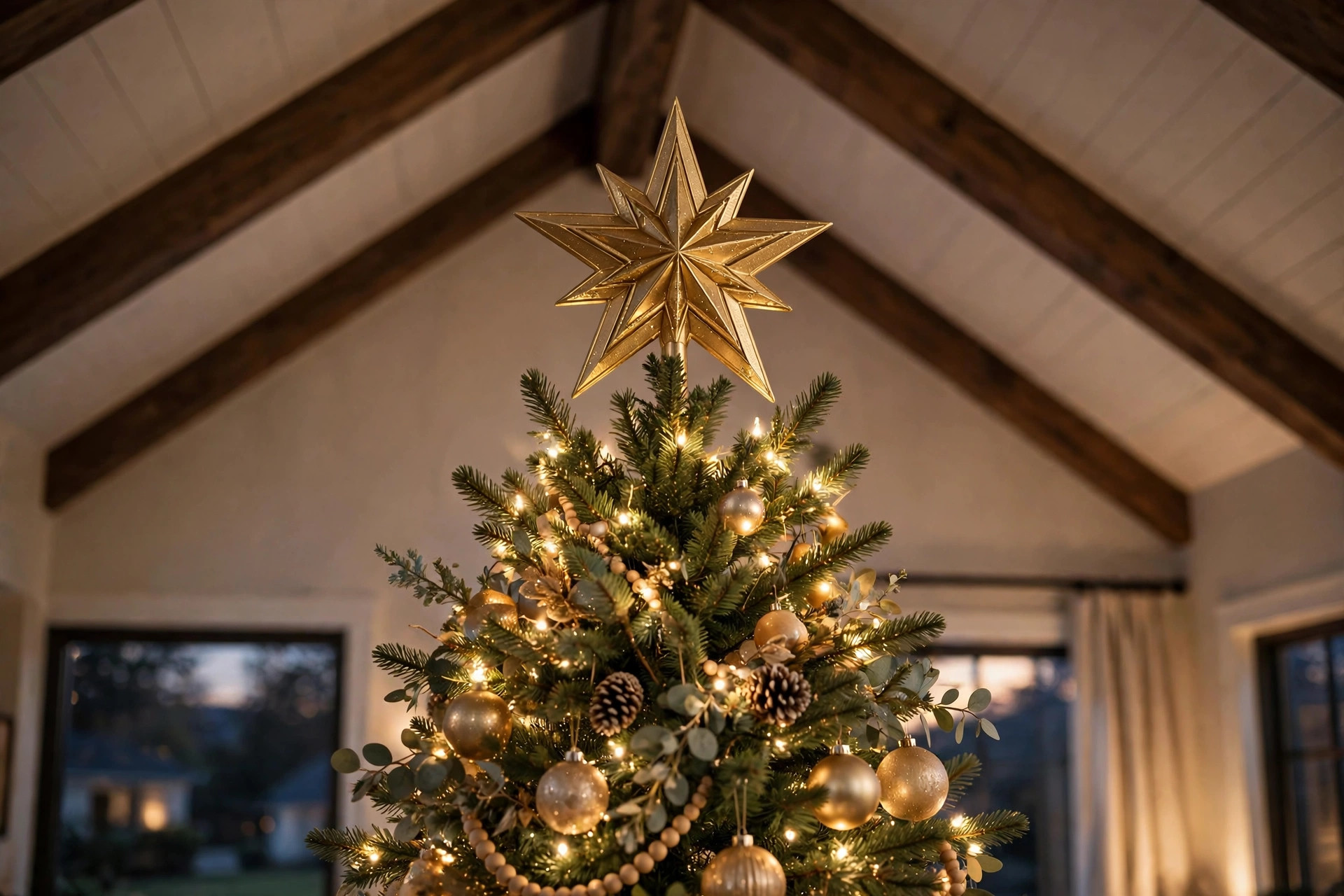 best christmas tree topper for tall trees: Gold star tree topper on a tall Christmas tree in a warm living room