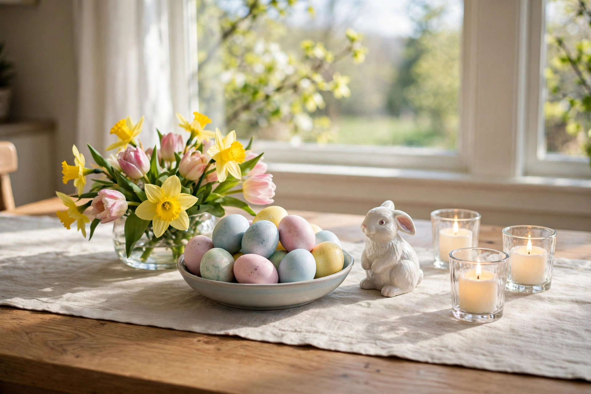 easter decorations for home table centerpiece usa: Easter decorations for home table centerpiece with pastel eggs and spring flowers on a dining table