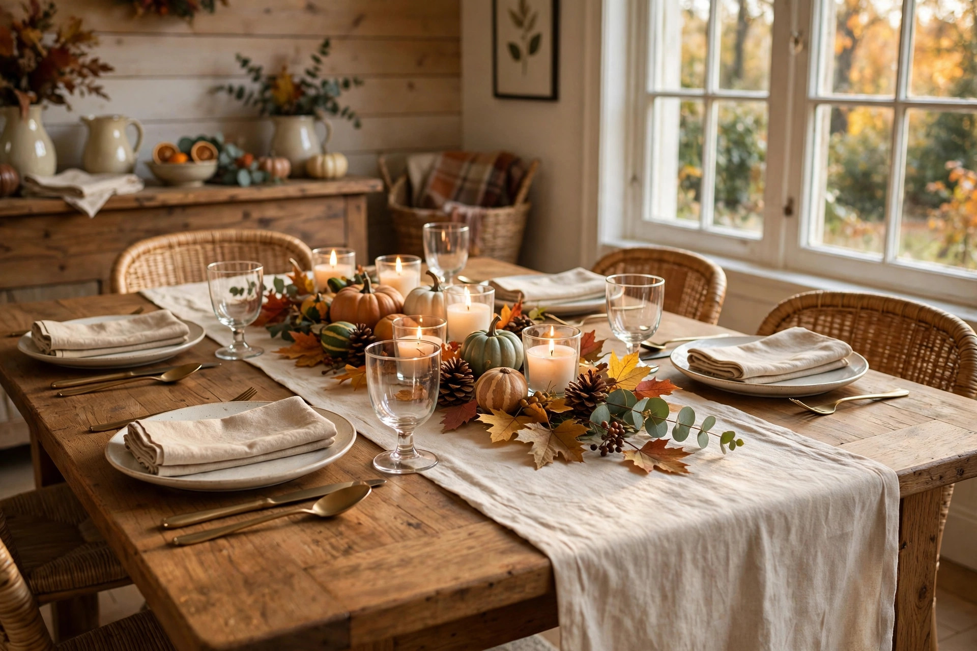 Best thanksgiving table decor for dining room with a fall centerpiece on a set dining table