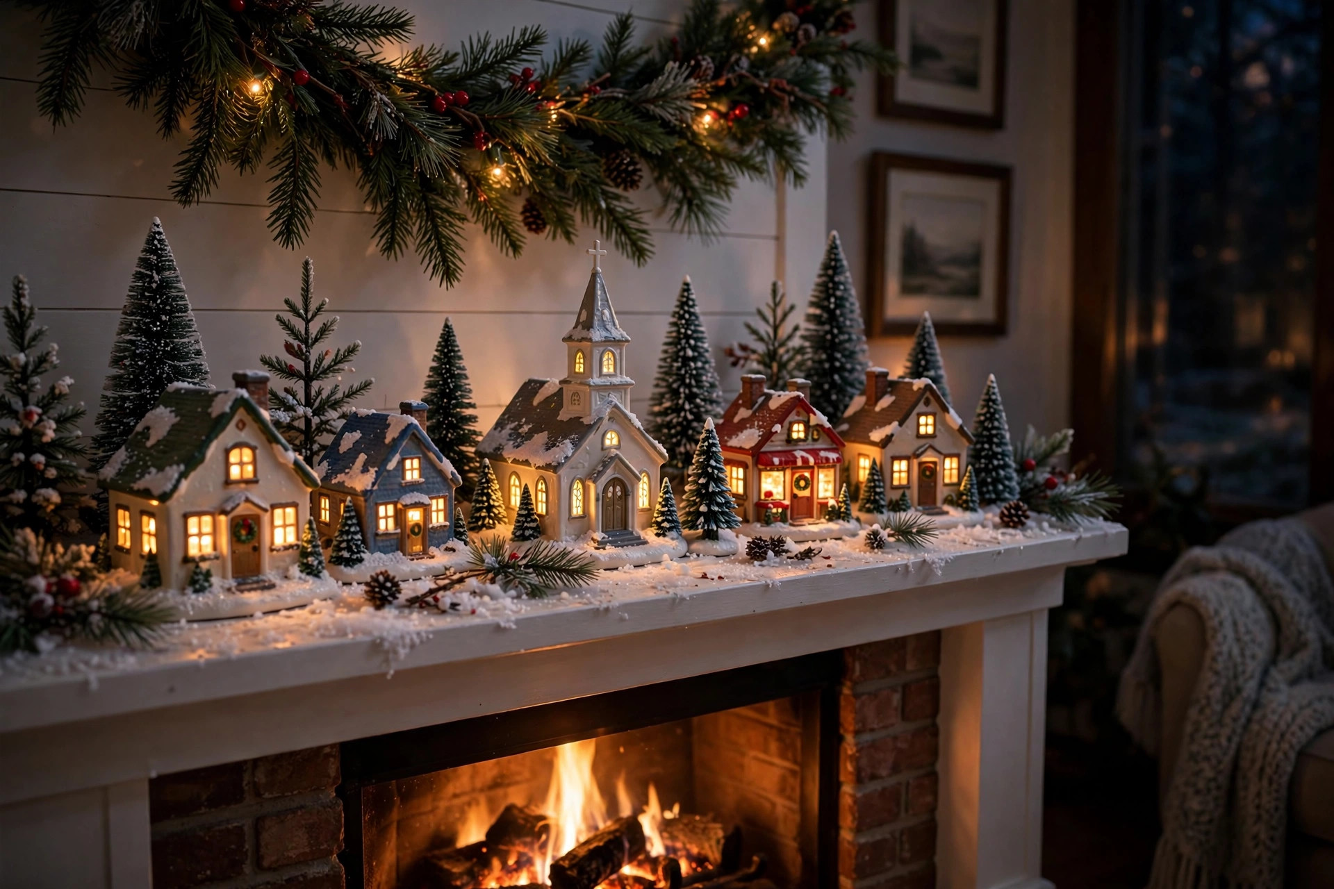 A christmas village houses for mantel display usa scene with glowing miniature houses on a snowy mantel