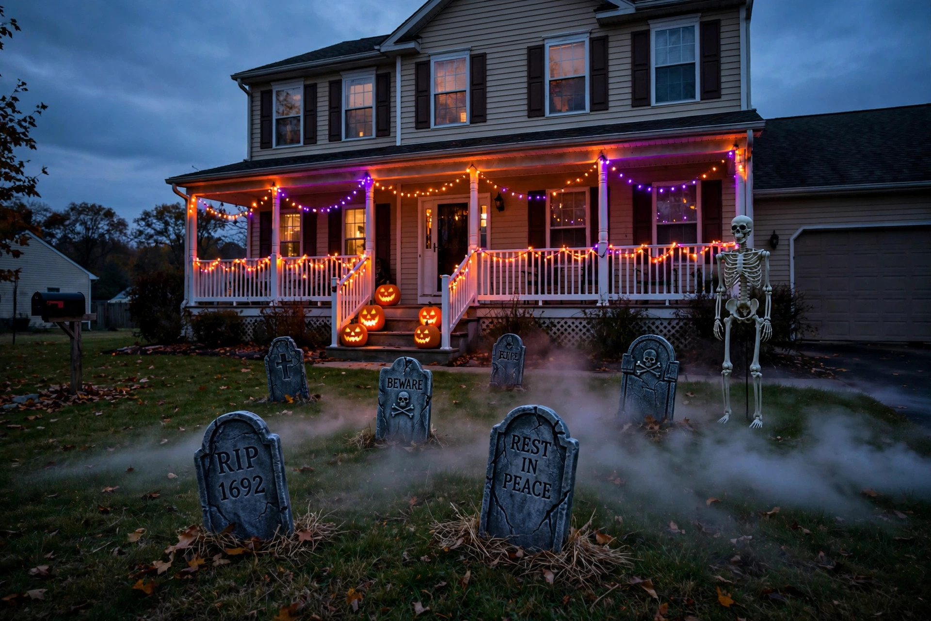 A front yard with the best halloween outdoor decorations scary yard display at night