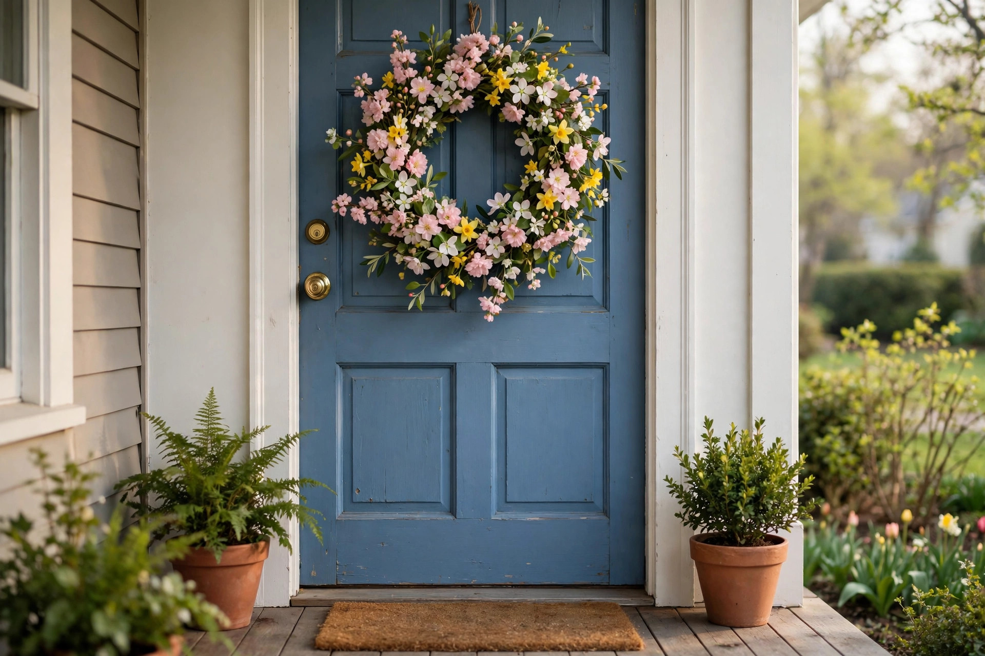 Spring wreath for front door floral welcome on a blue front door
