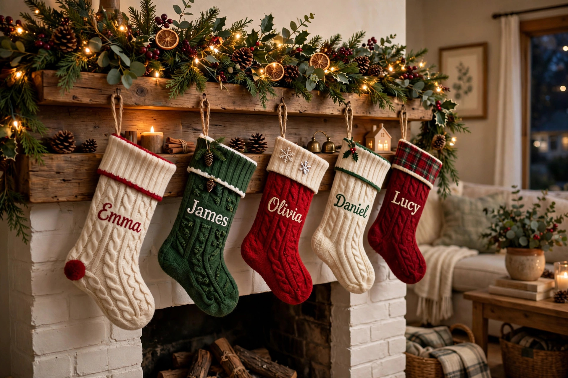 Best christmas stockings personalized for family hanging in a row on a fireplace mantel