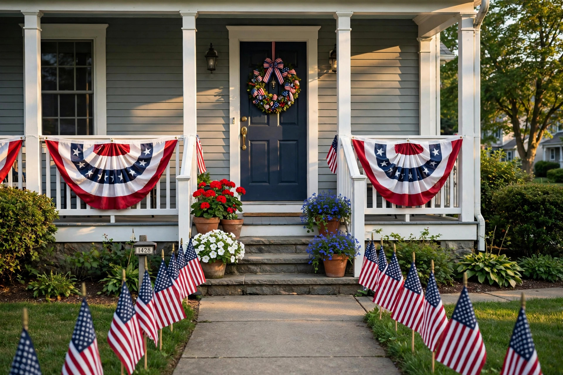 Fourth of July decorations for porch and yard: flag bunting, potted red white and blue flowers, and a patriotic wreath on a suburban home porch