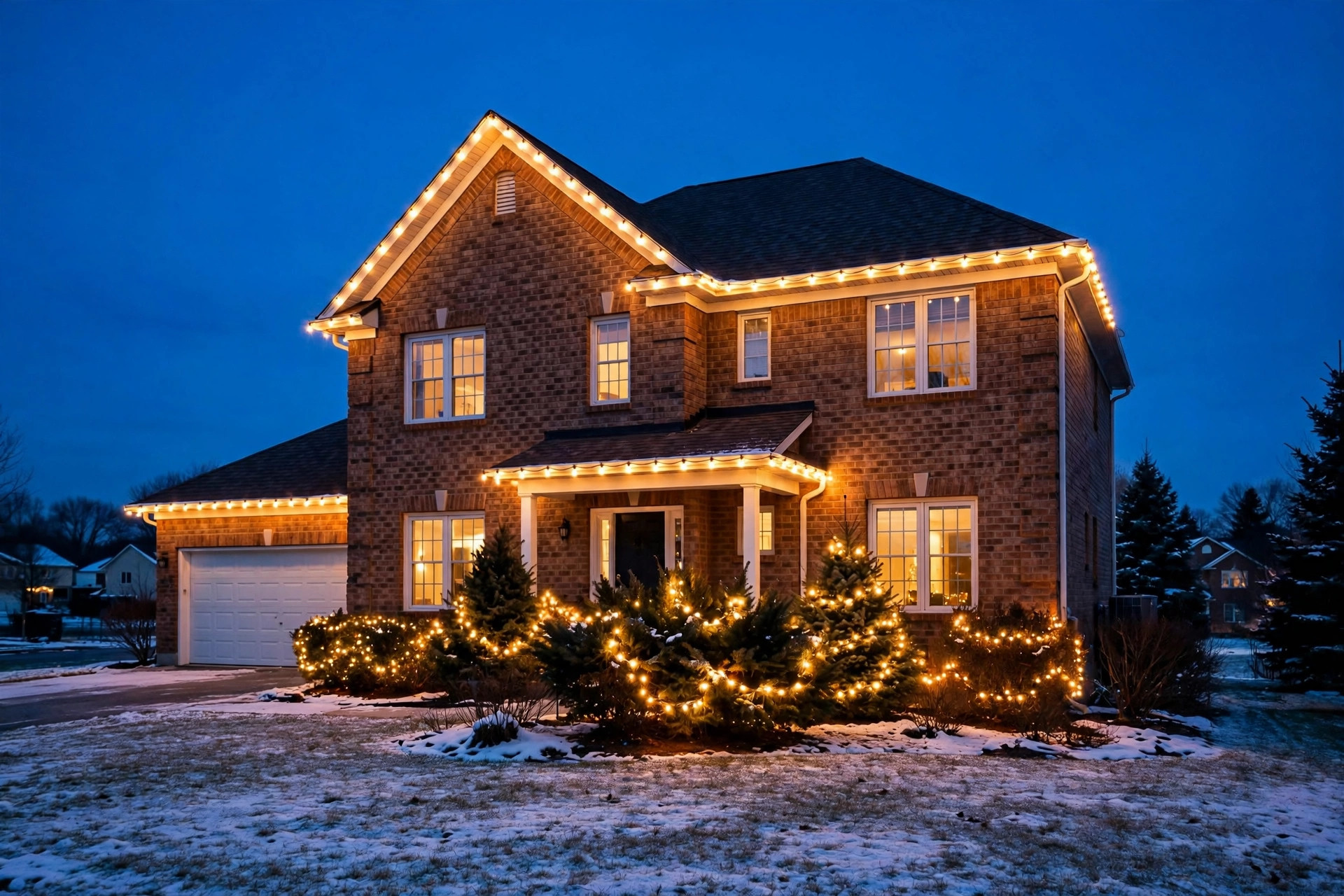 best led christmas lights warm white outdoor: Warm white LED Christmas lights glowing on a snowy American house exterior